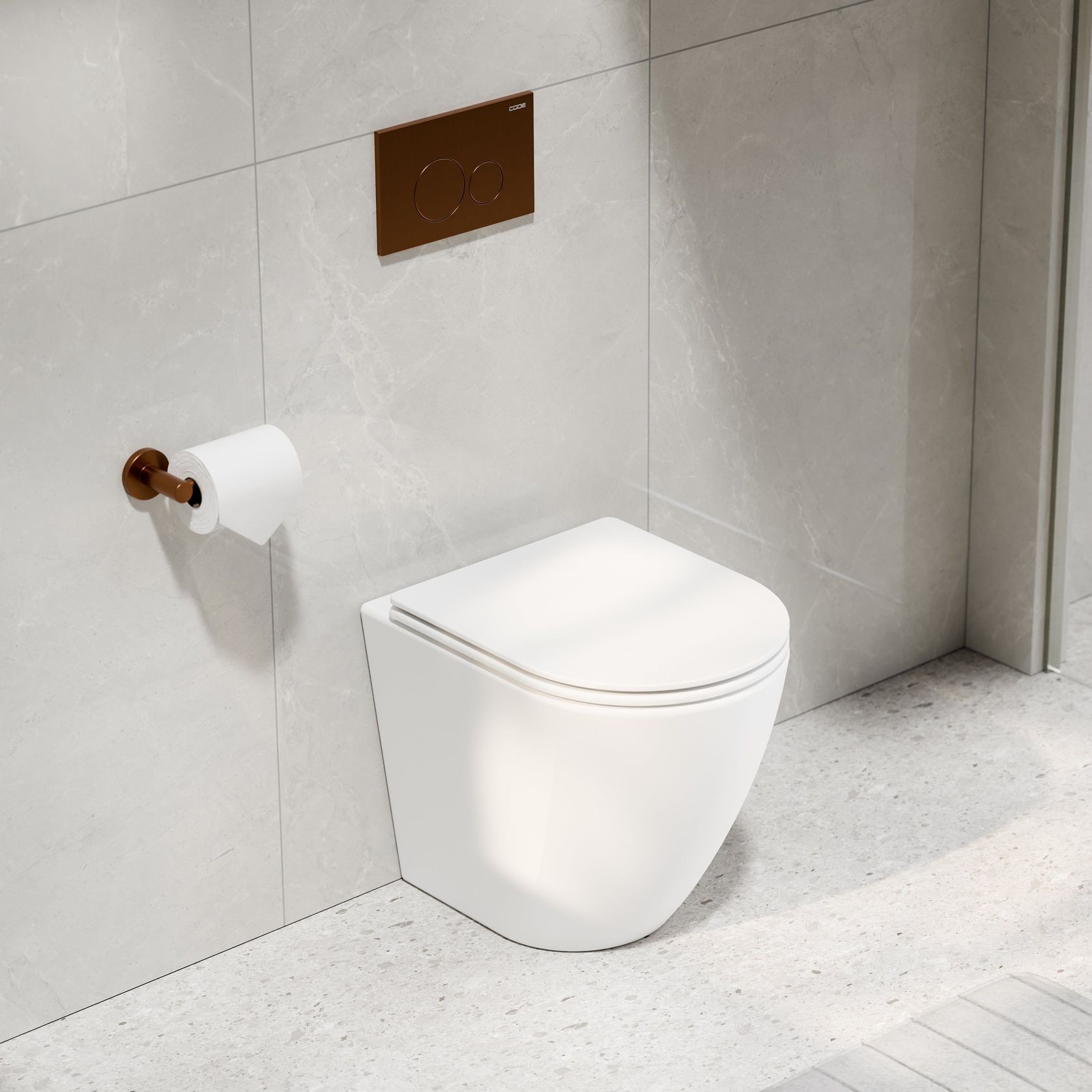 CODE Flow Typhoon Inwall Toilet Suite | Brushed Copper Button gallery detail image