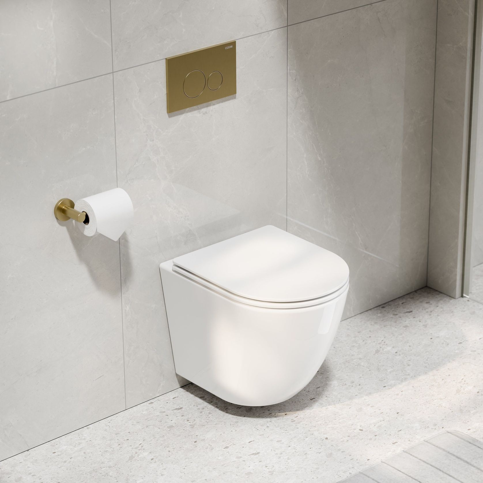 CODE Flow Typhoon Wall Hung Toilet Suite | Brushed Brass Button gallery detail image