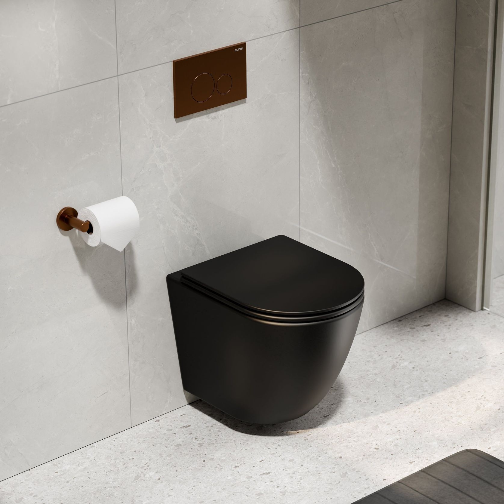 CODE Flow Typhoon Wall Hung Toilet Suite | Brushed Copper Button gallery detail image