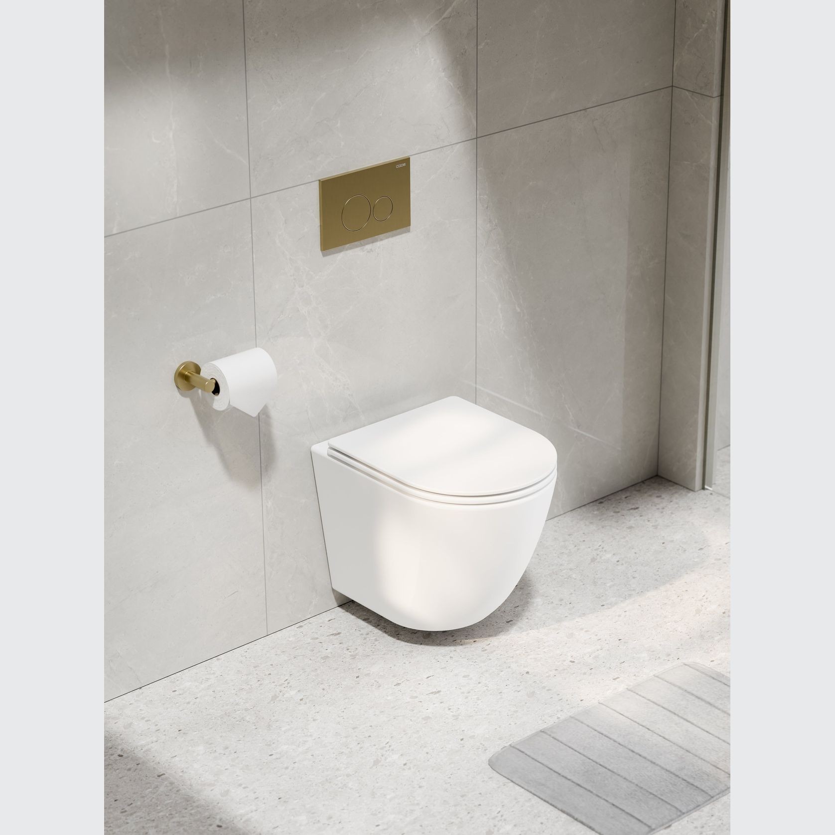Code Flow Typhoon Wall Hung Toilet Suite | Brushed Brass Button gallery detail image