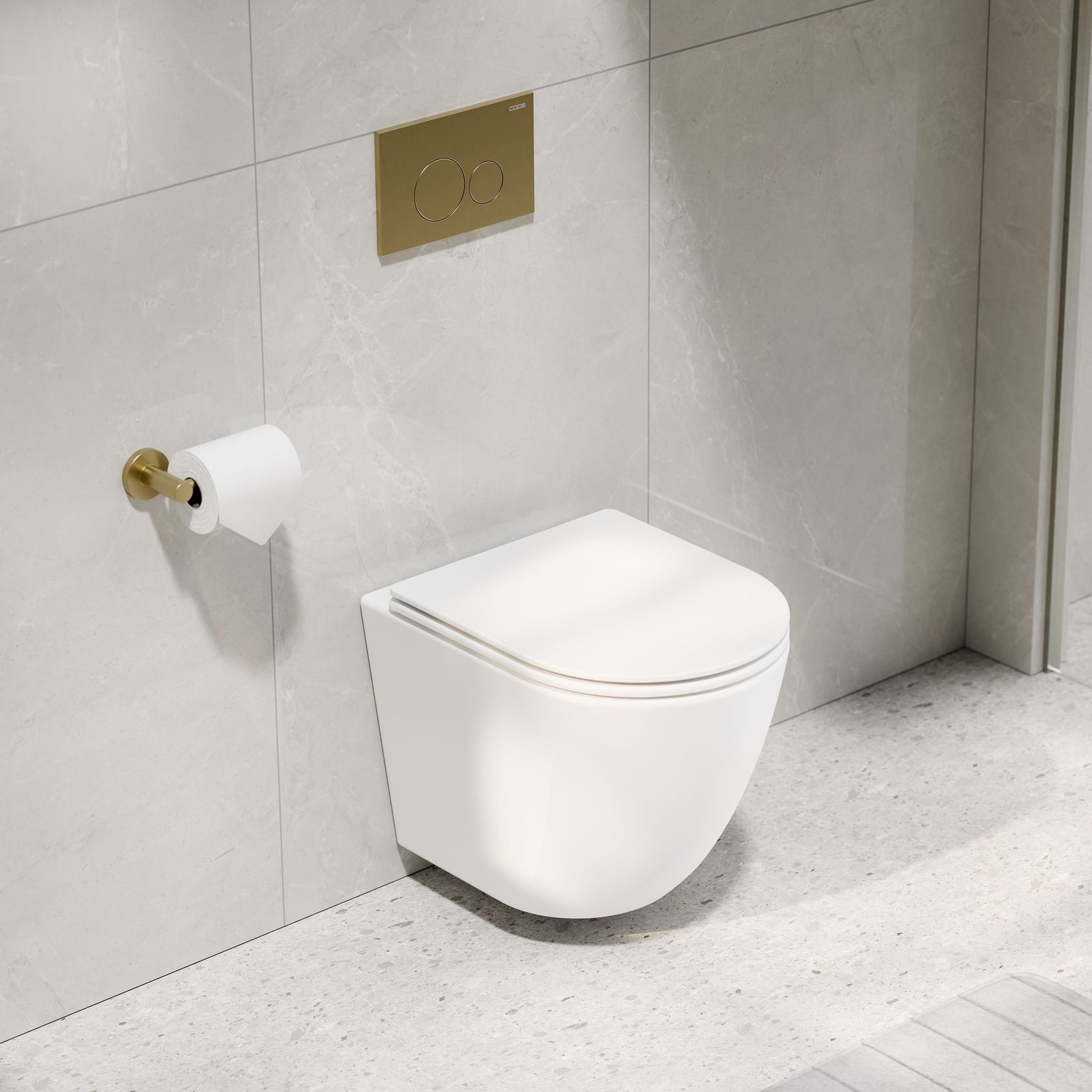CODE Flow Typhoon Wall Hung Toilet Suite | Brushed Brass Button gallery detail image