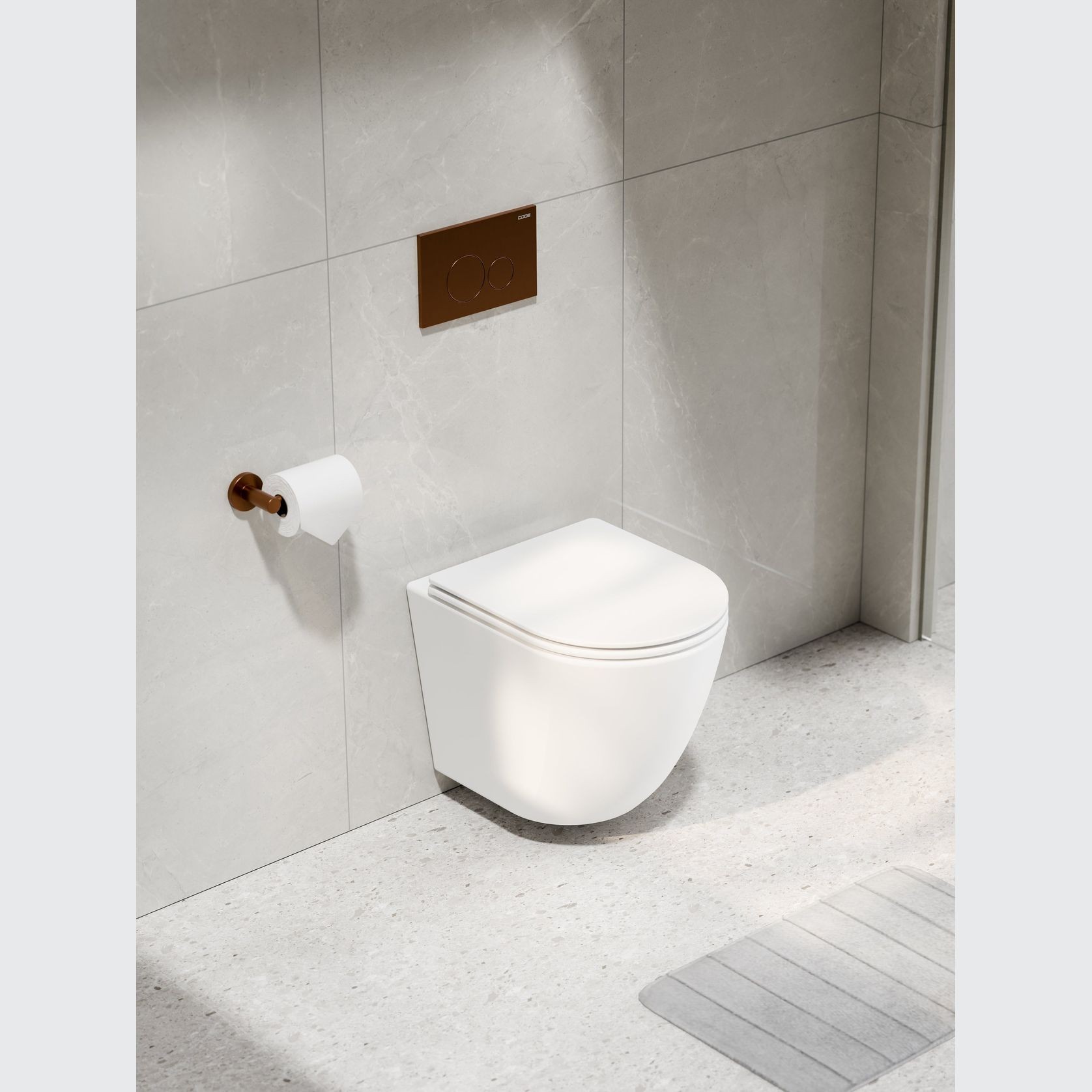CODE Flow Typhoon Wall Hung Toilet Suite | Brushed Copper Button gallery detail image