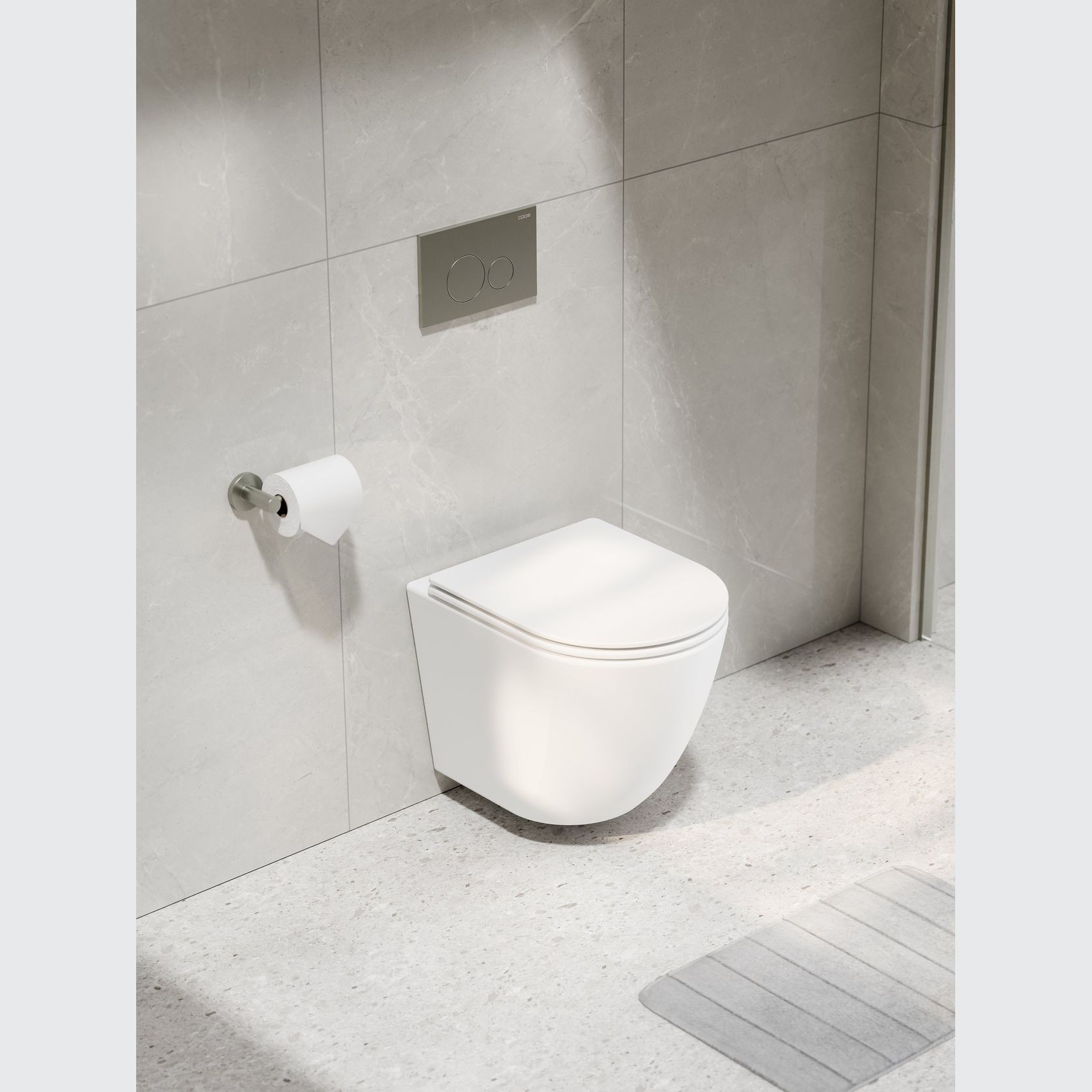 CODE Flow Typhoon Wall Hung Toilet Suite | Brushed Nickel Button gallery detail image