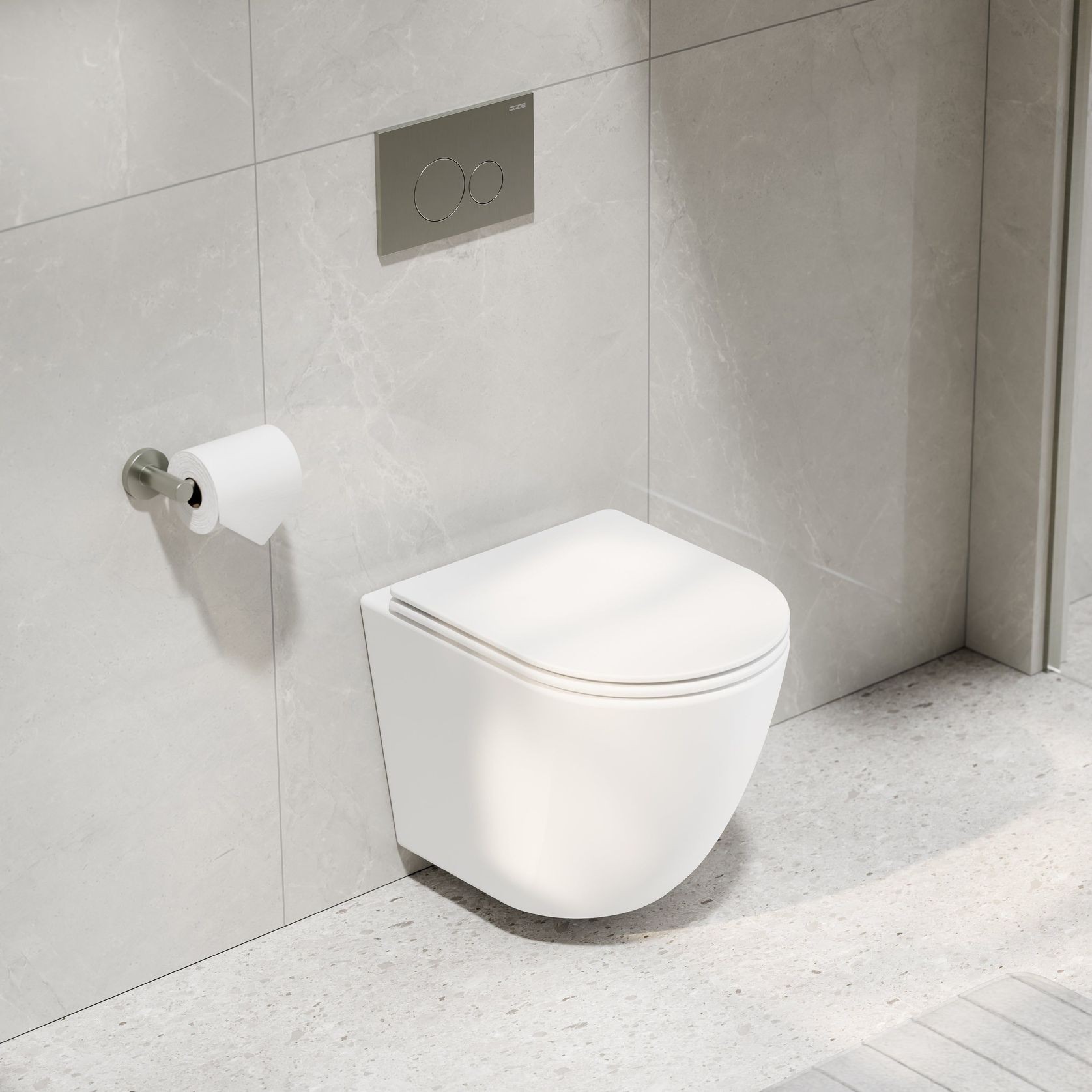 CODE Flow Typhoon Wall Hung Toilet Suite | Brushed Nickel Button gallery detail image