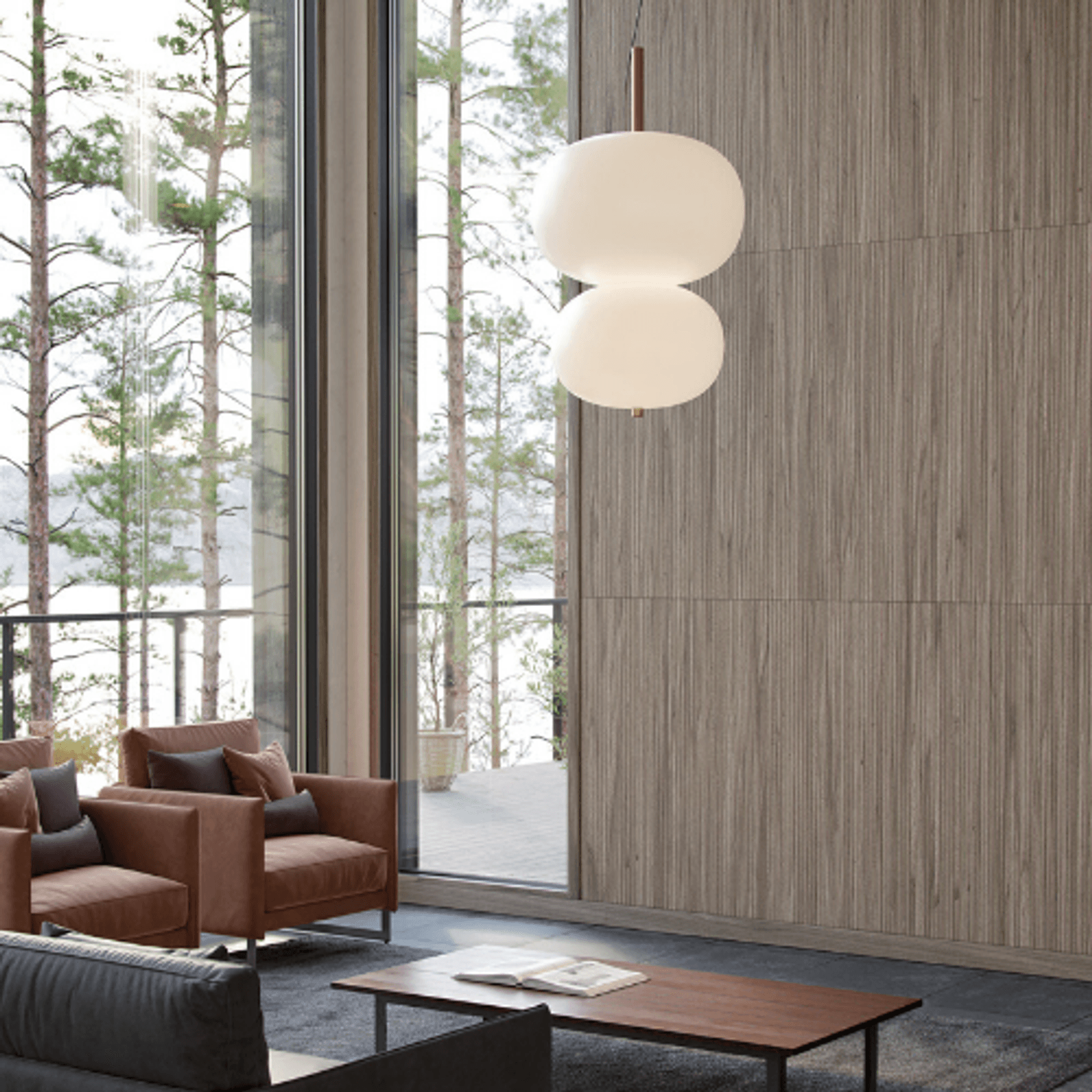 Luna LED Double Glass Pendant in Timber gallery detail image