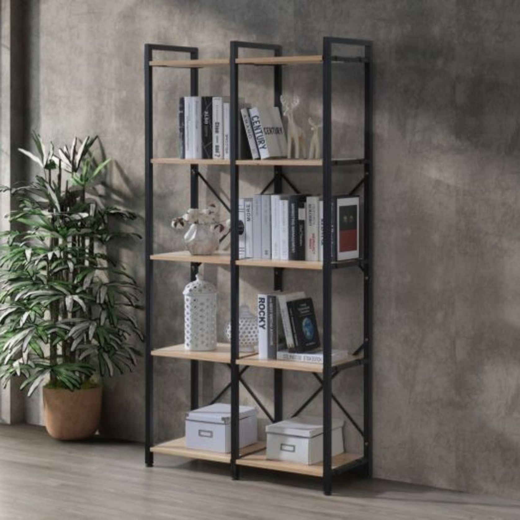 Axel 2PCE Shelving Unit Tall | Black Steel & Natural gallery detail image