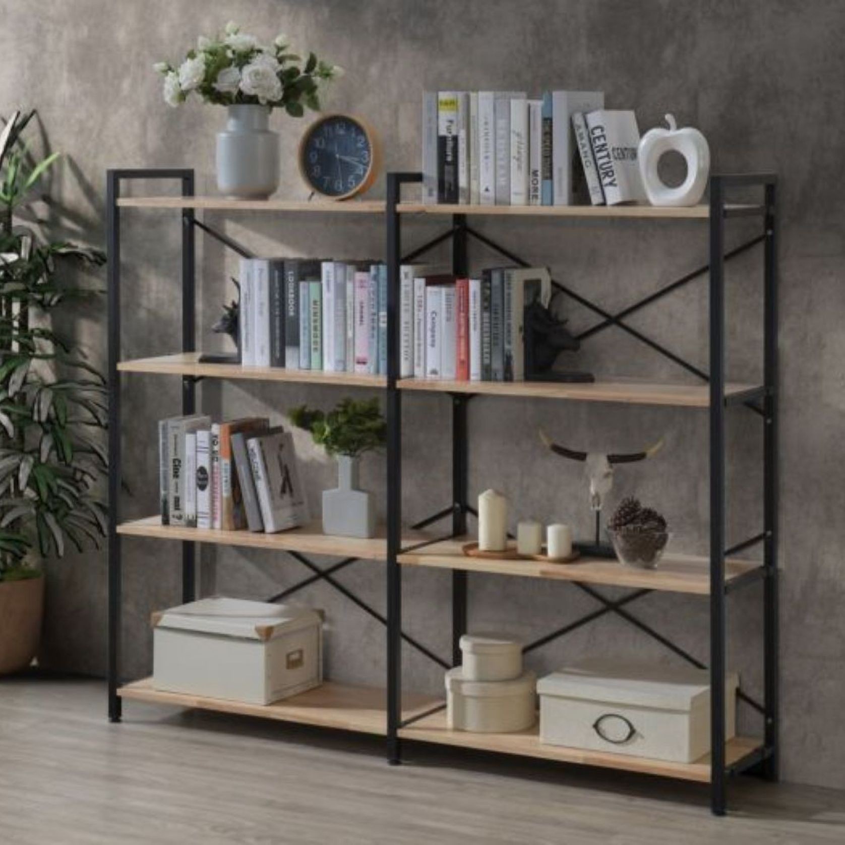 Axel 2PCE Shelving Unit Medium | Black Steel & Natural gallery detail image