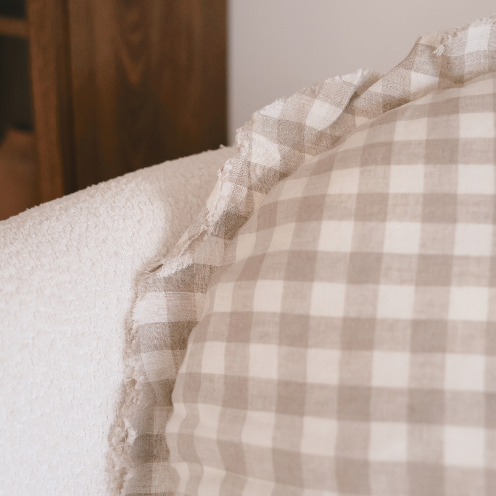 100% Flax Linen Round Feather Filled Cushion | Natural Gingham gallery detail image