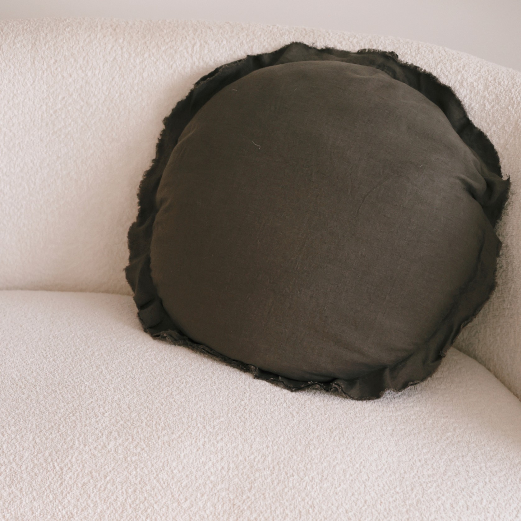 100% Flax Linen Round Feather Filled Cushion- Deep Moss gallery detail image