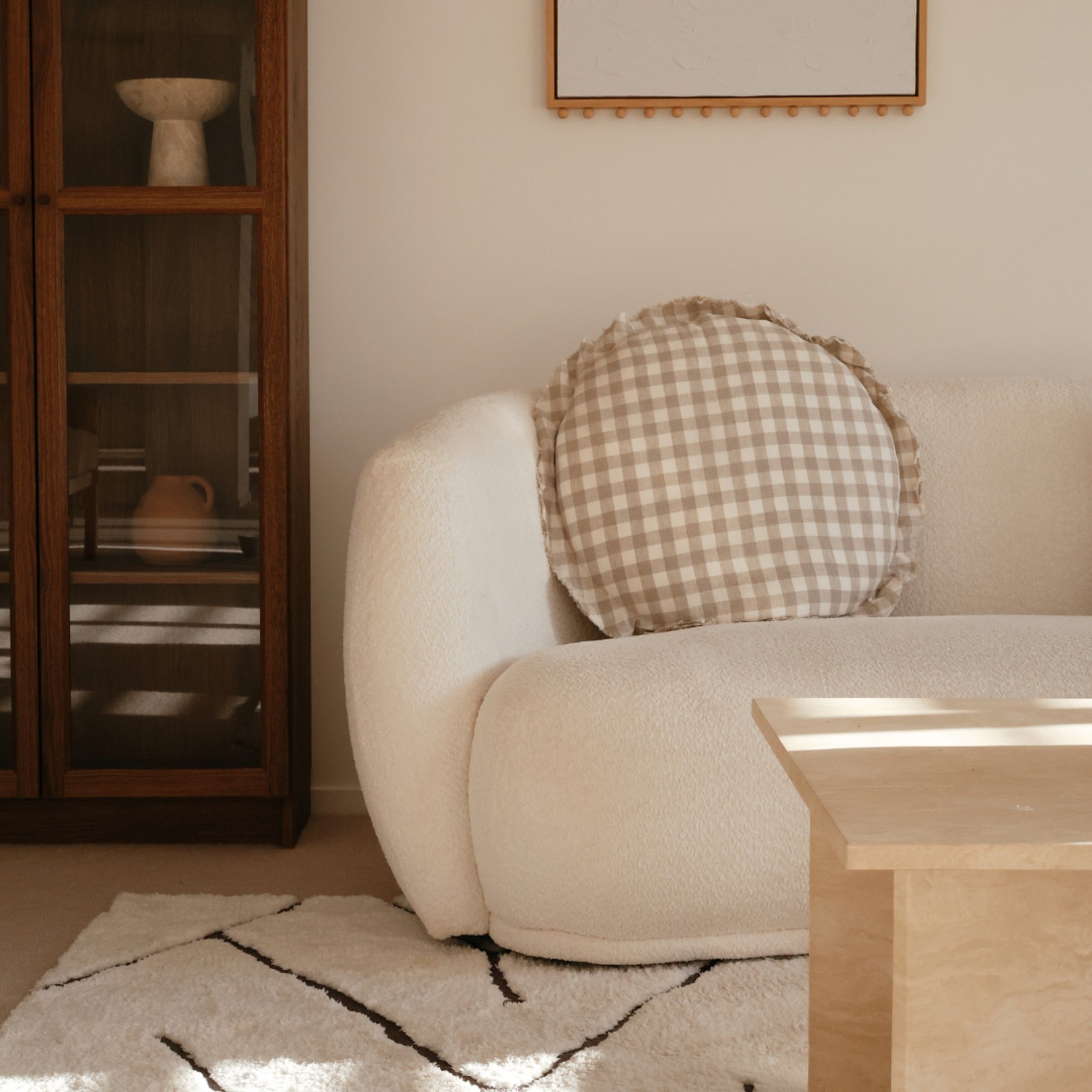 100% Flax Linen Round Feather Filled Cushion | Natural Gingham gallery detail image