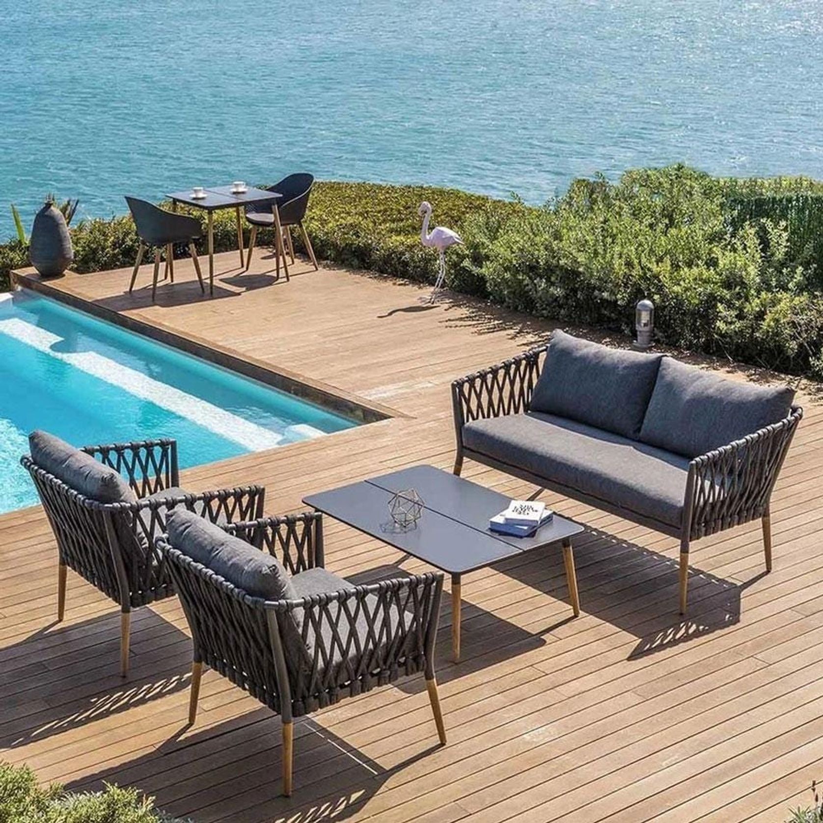 Silas Outdoor Charcoal Rope Lounge Set w/Coffee Table gallery detail image