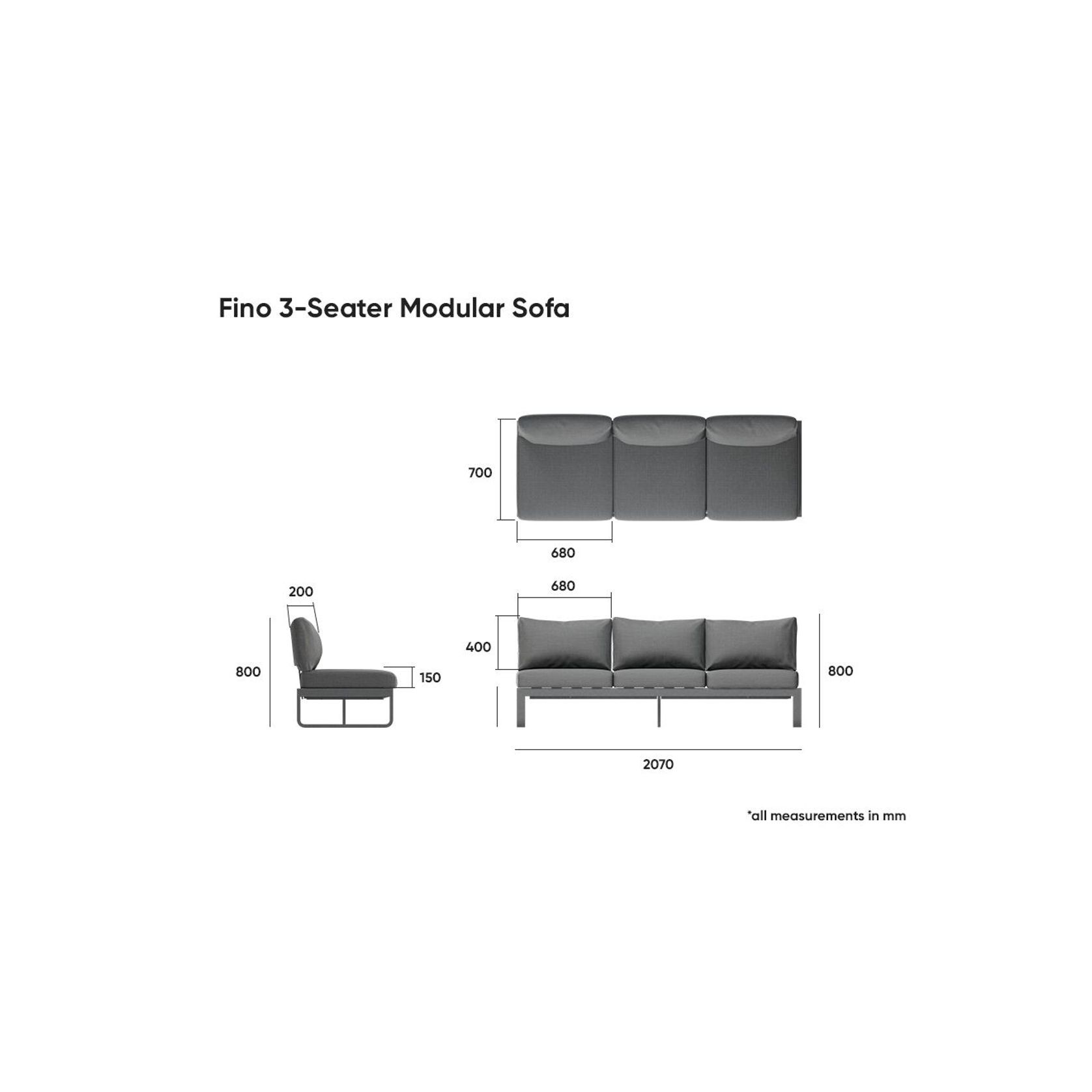 Fino Outdoor 3 Seater Sunlounge in Matt Charcoal Frame / Dark Grey Fabric gallery detail image