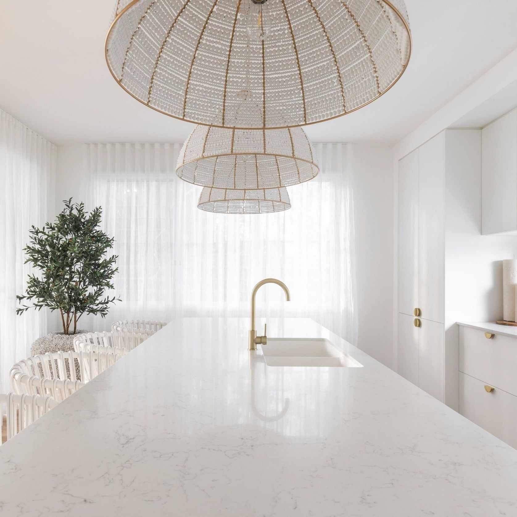 Estelle Beaded Dome Pendant Light - Gold/White gallery detail image