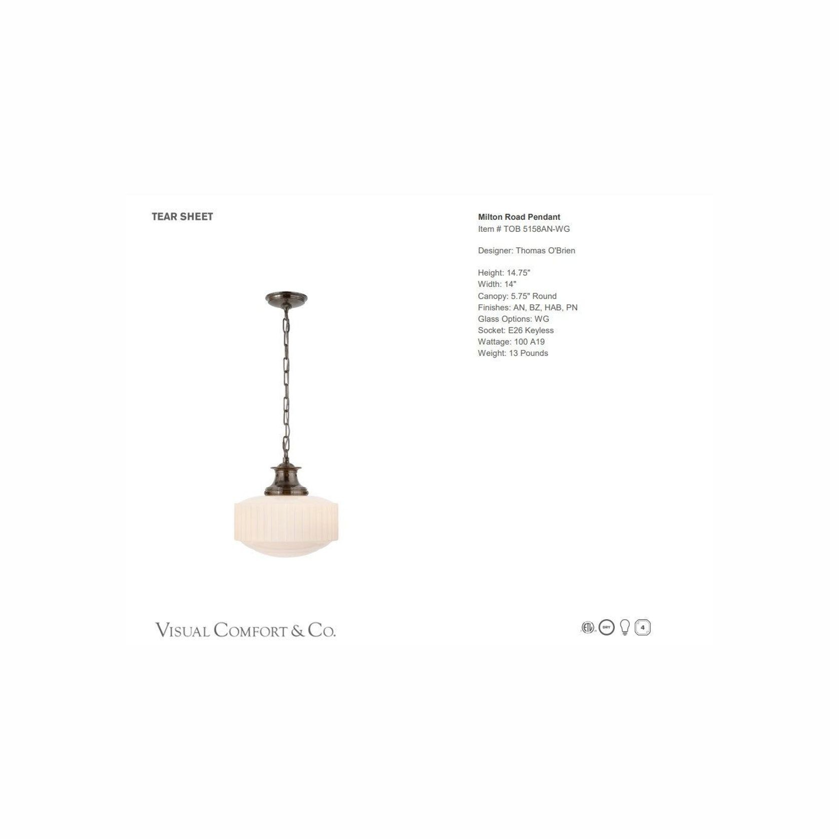 Visual Comfort Thomas O'Brien Milton Road Pendant gallery detail image