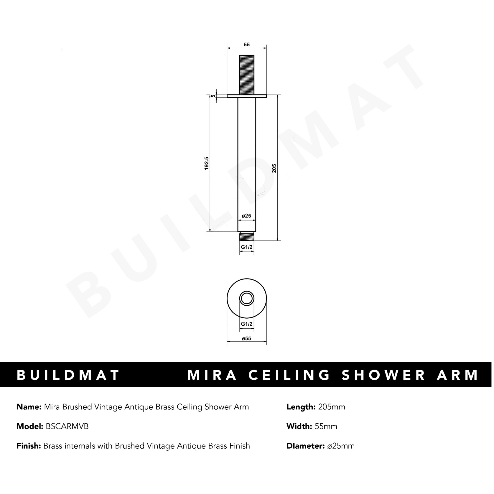 Mira Brushed Vintage Antique Brass Ceiling Shower Arm gallery detail image