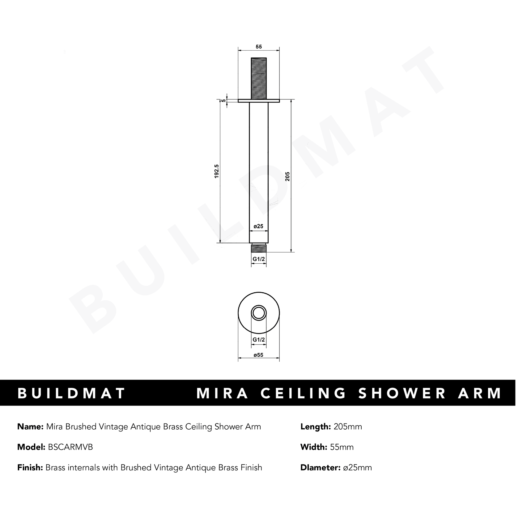Mira Brushed Vintage Antique Brass Ceiling Shower Arm gallery detail image