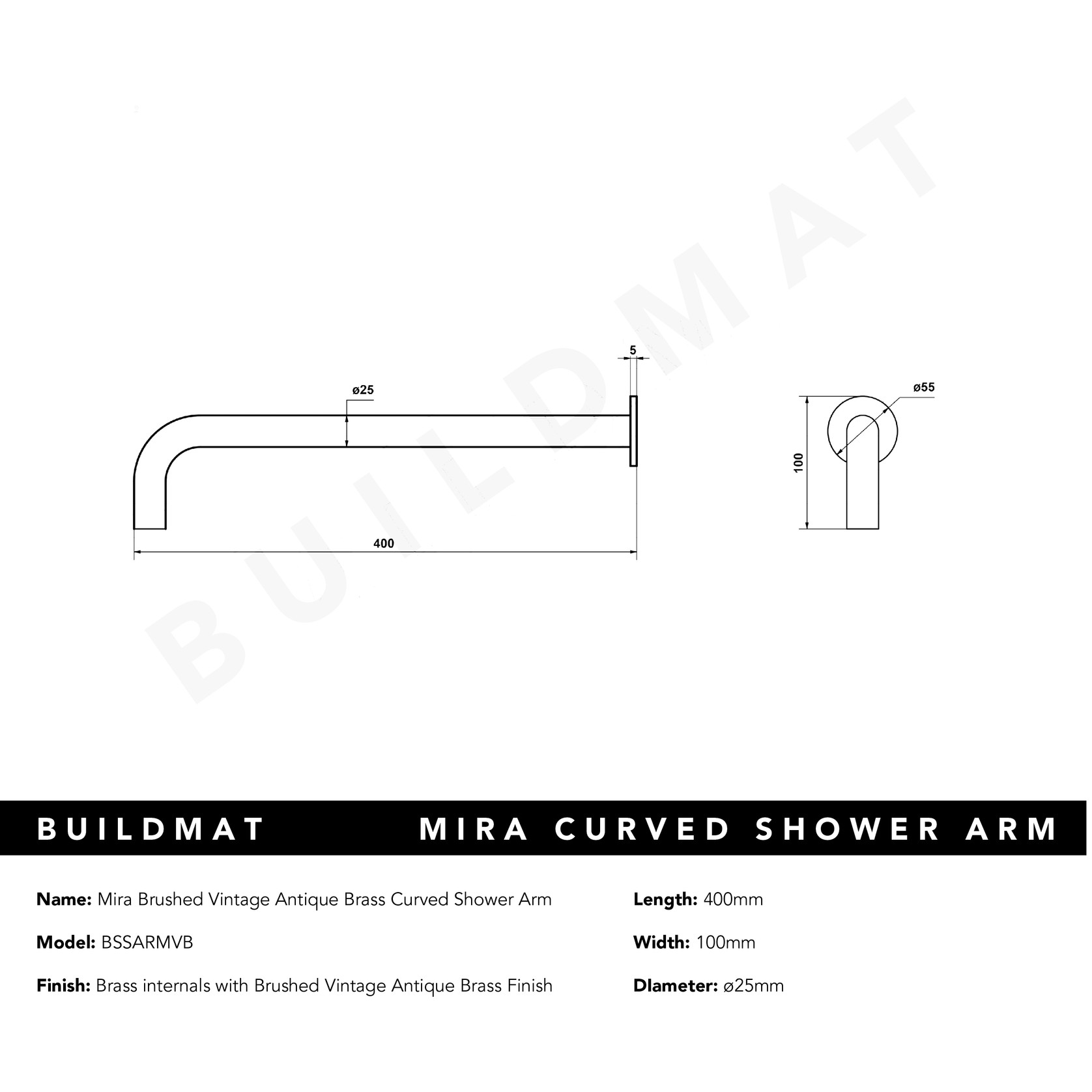 Mira Brushed Vintage Antique Brass Curved Shower Arm gallery detail image