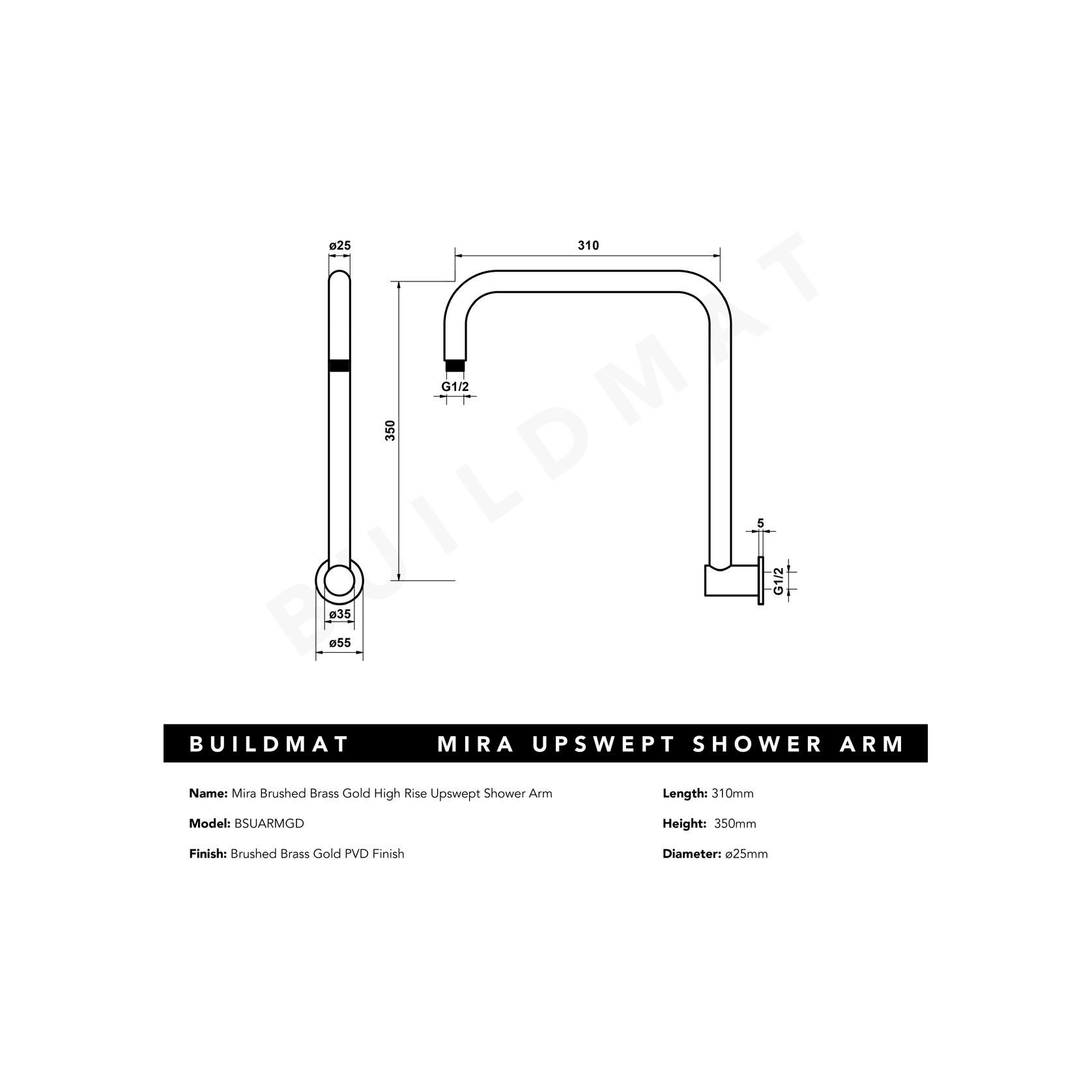 Mira Brushed Brass Gold High Rise Upswept Shower Arm gallery detail image