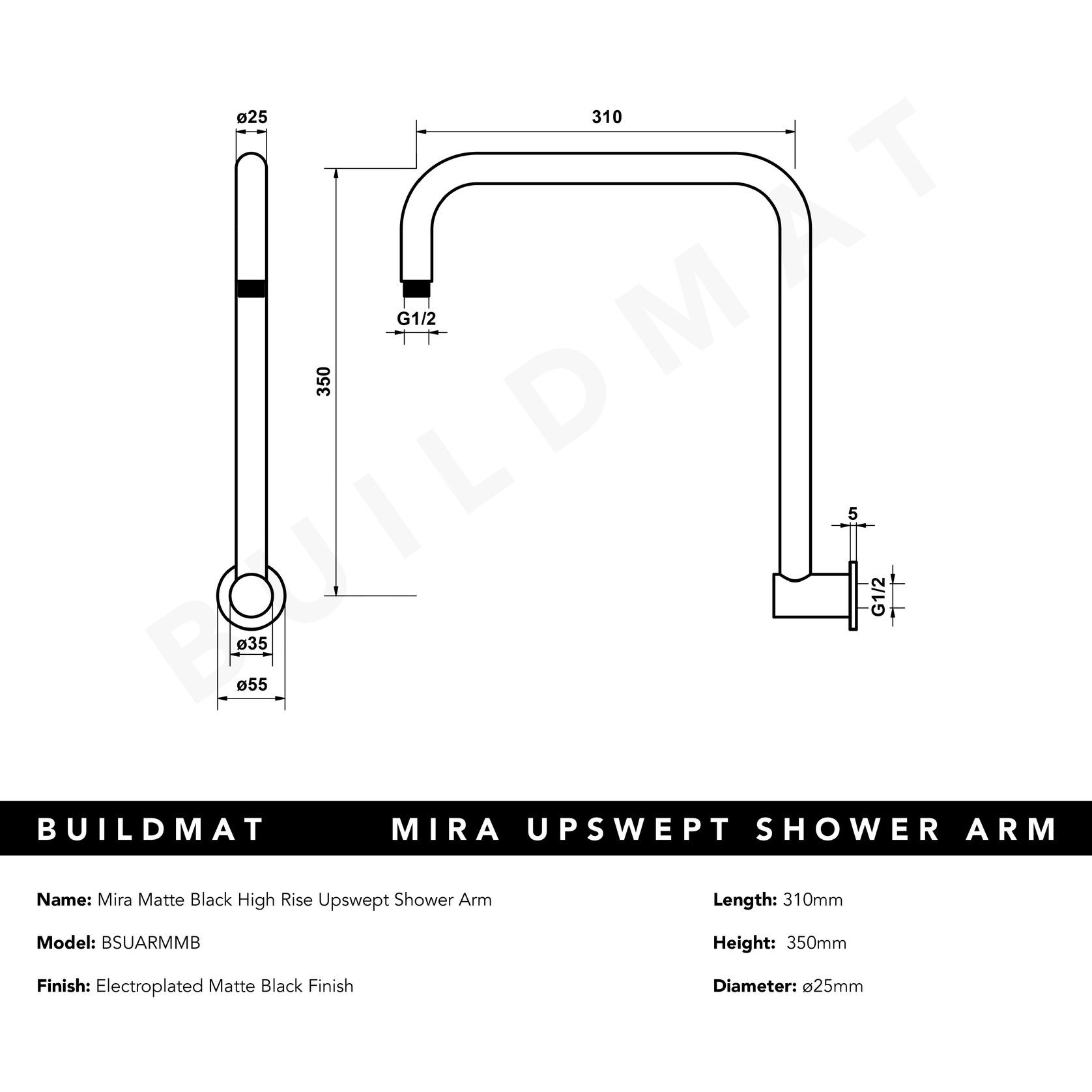 Mira Matte Black High Rise Upswept Shower Arm gallery detail image