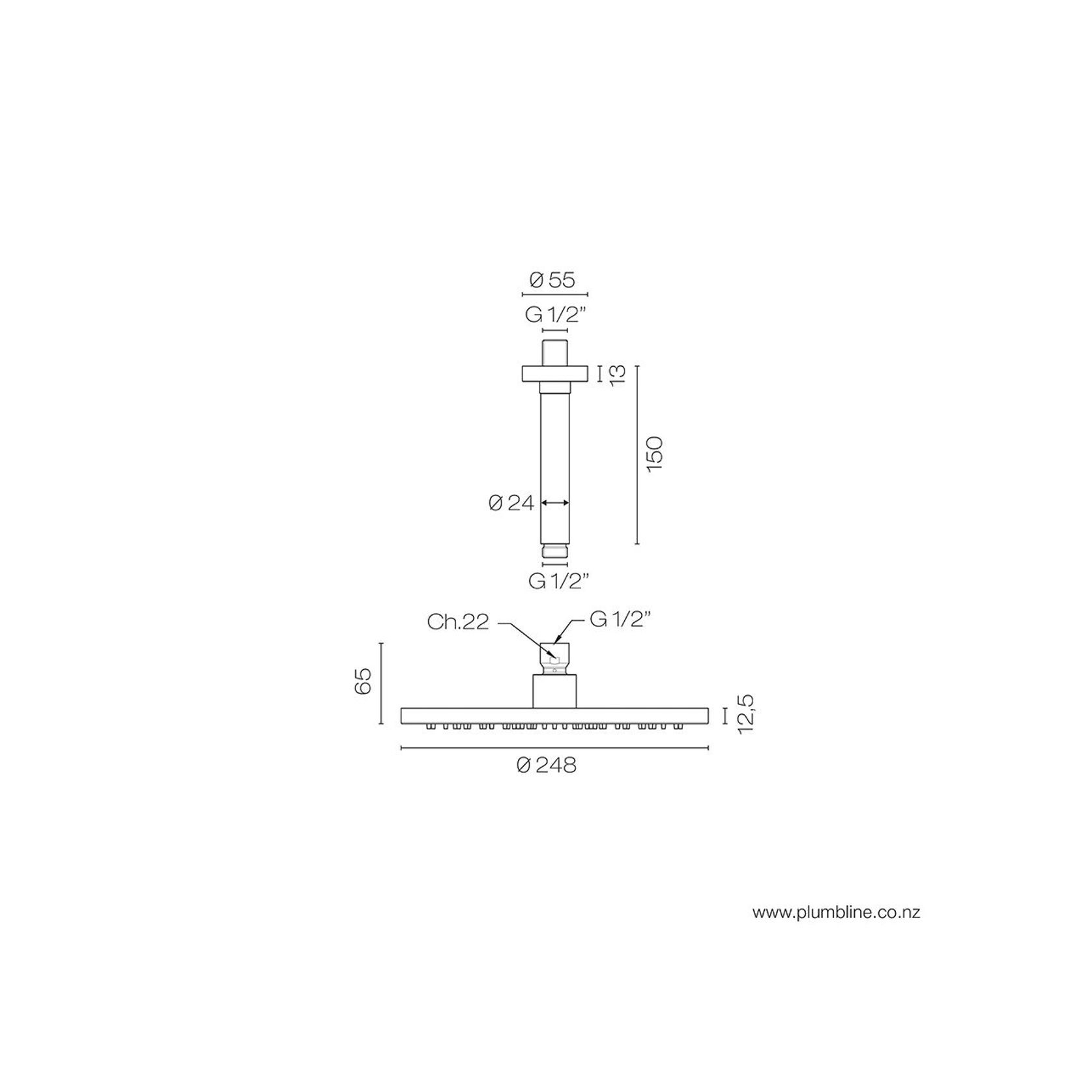 Buddy 250mm Ceiling Mount Rainhead With 150mm Arm gallery detail image