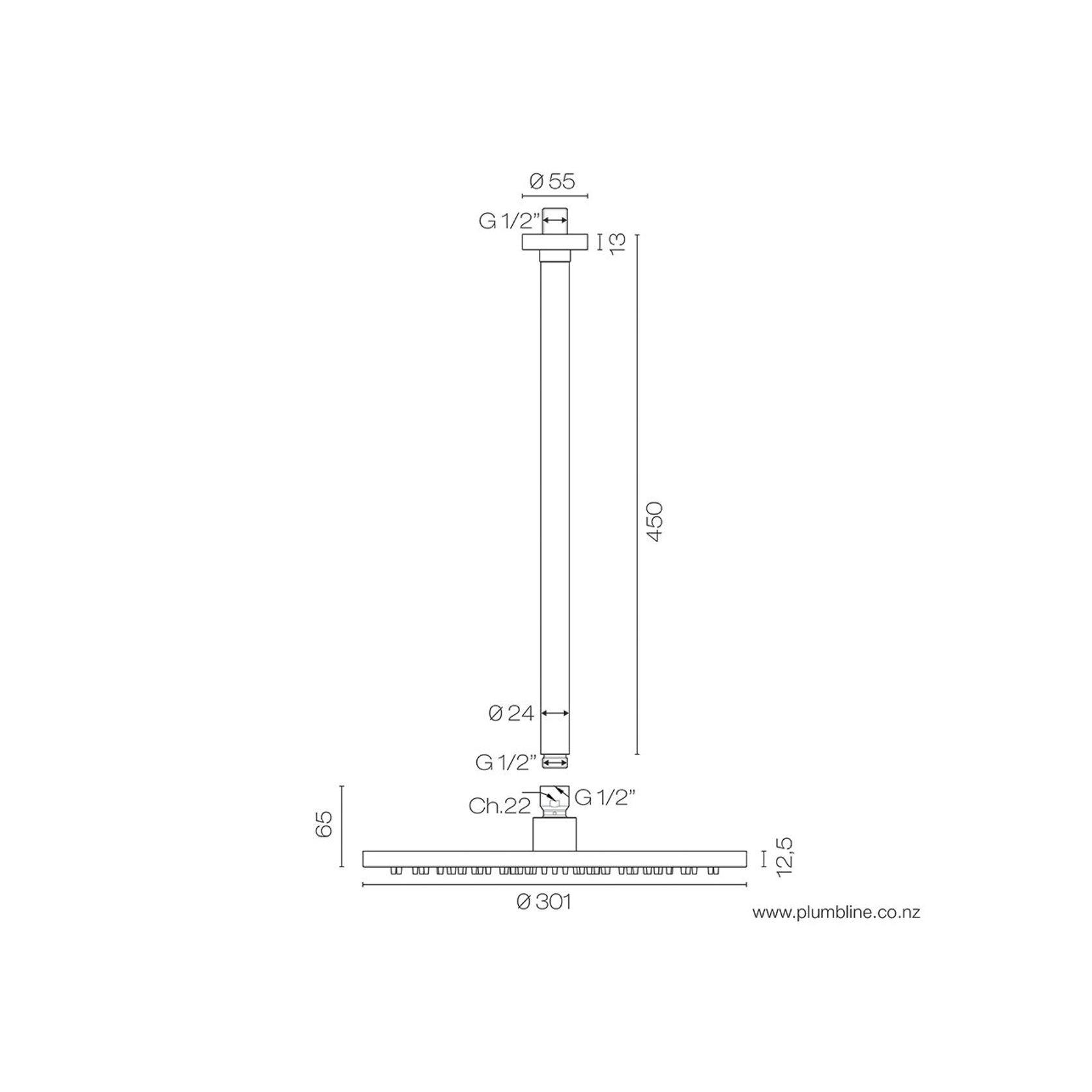 Buddy 300mm Ceiling Mount Rainhead With 450mm Arm gallery detail image