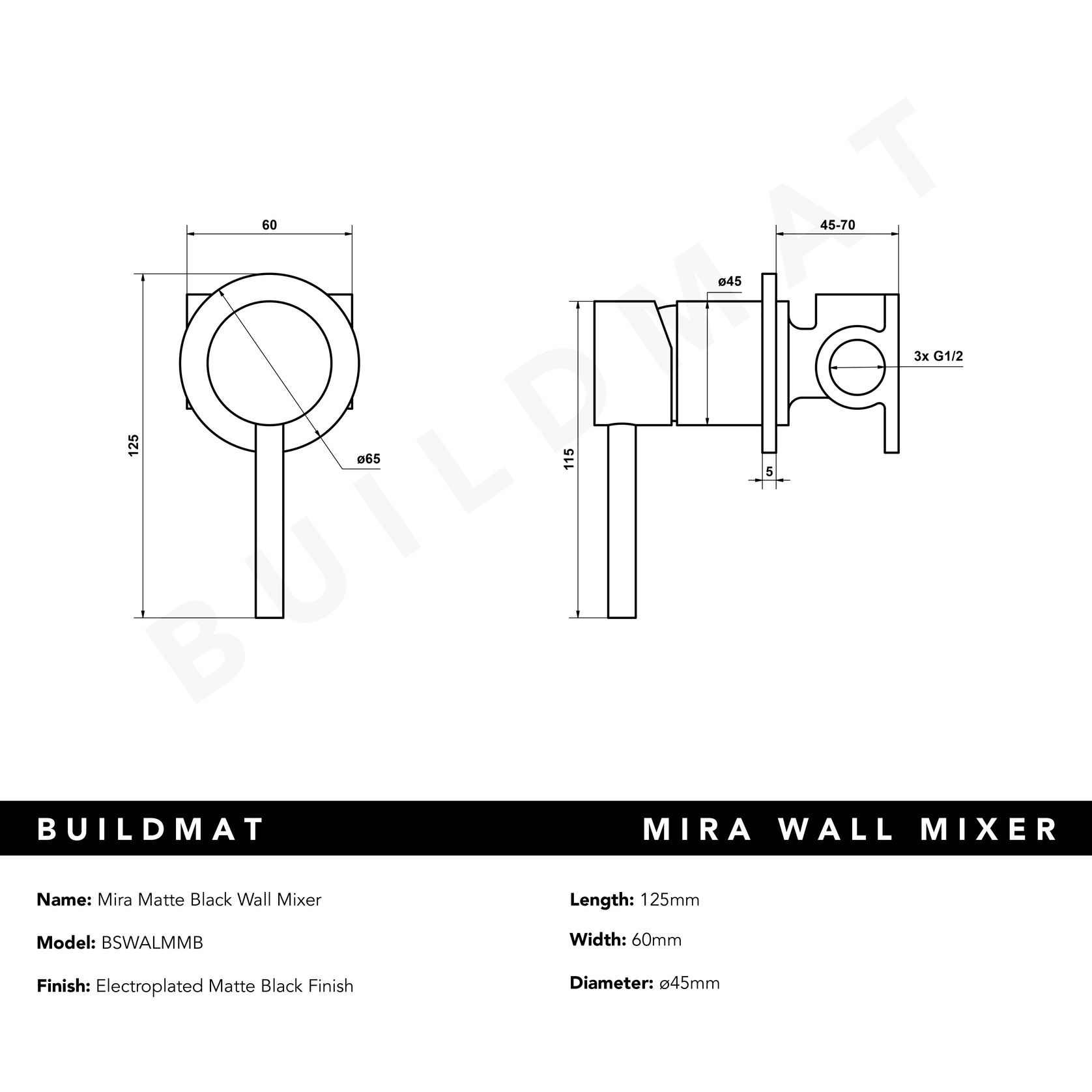 Mira Matte Black Wall Mixer gallery detail image