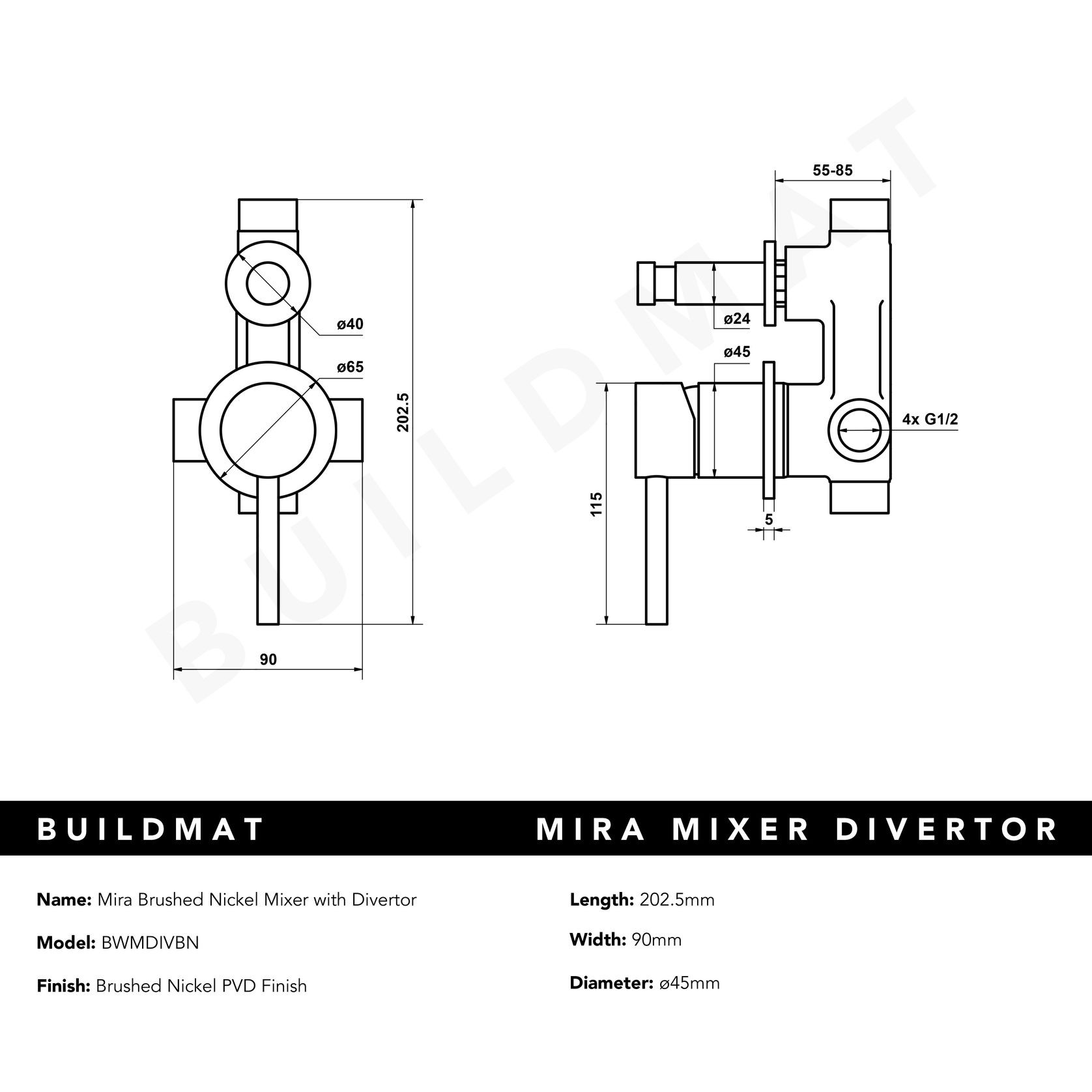 Mira Brushed Nickel Wall Mixer with divertor gallery detail image