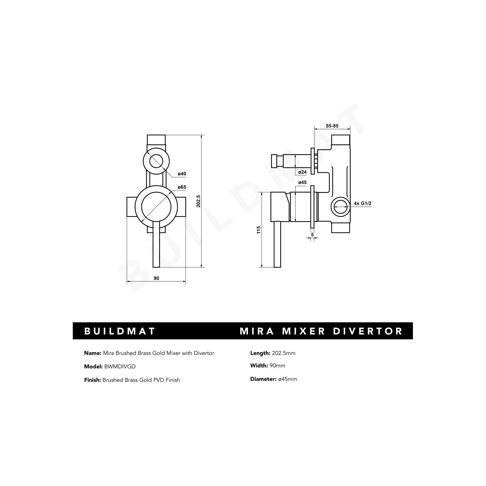 Mira Brushed Brass Gold Wall Mixer with divertor gallery detail image