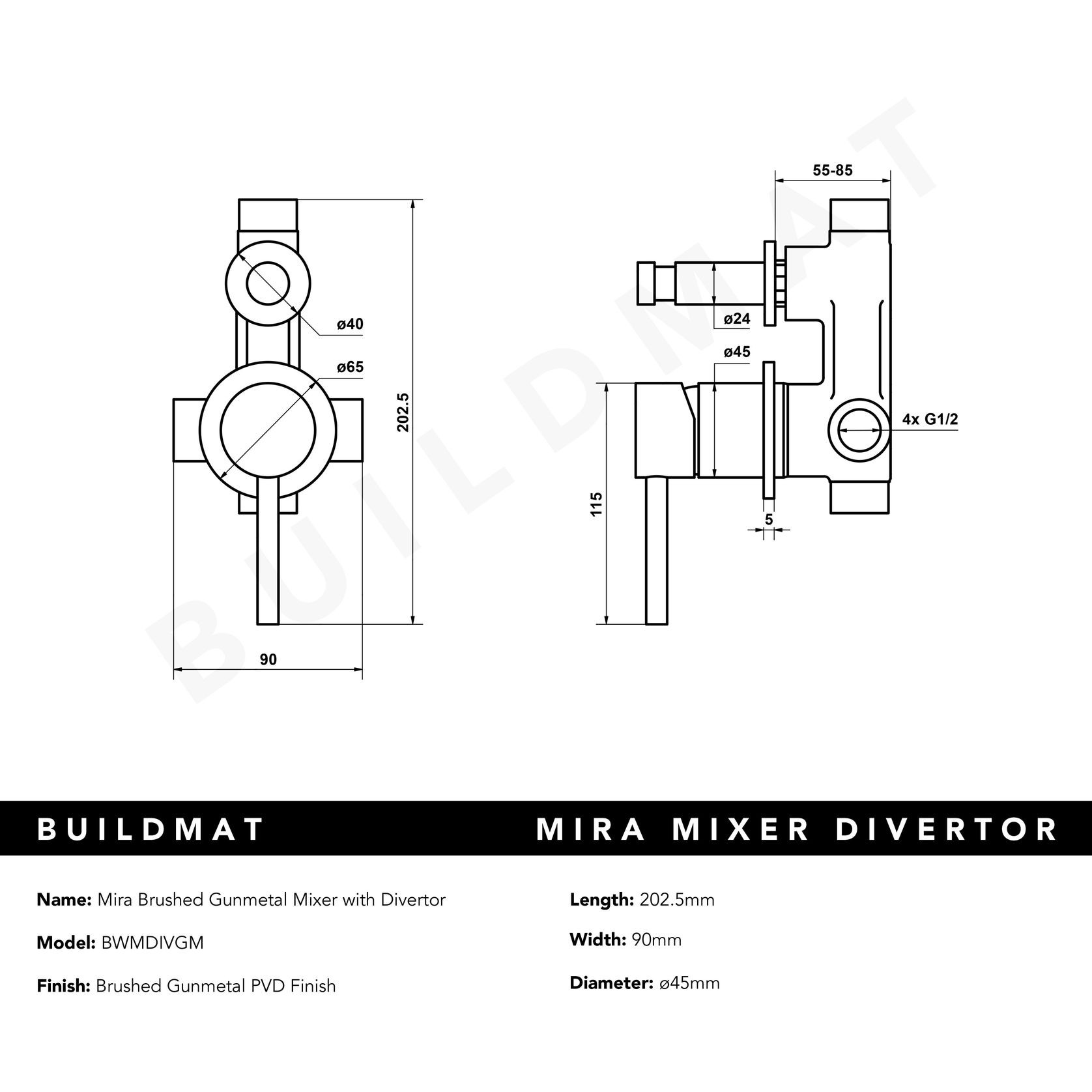 Mira Brushed Gunmetal Wall Mixer with divertor gallery detail image