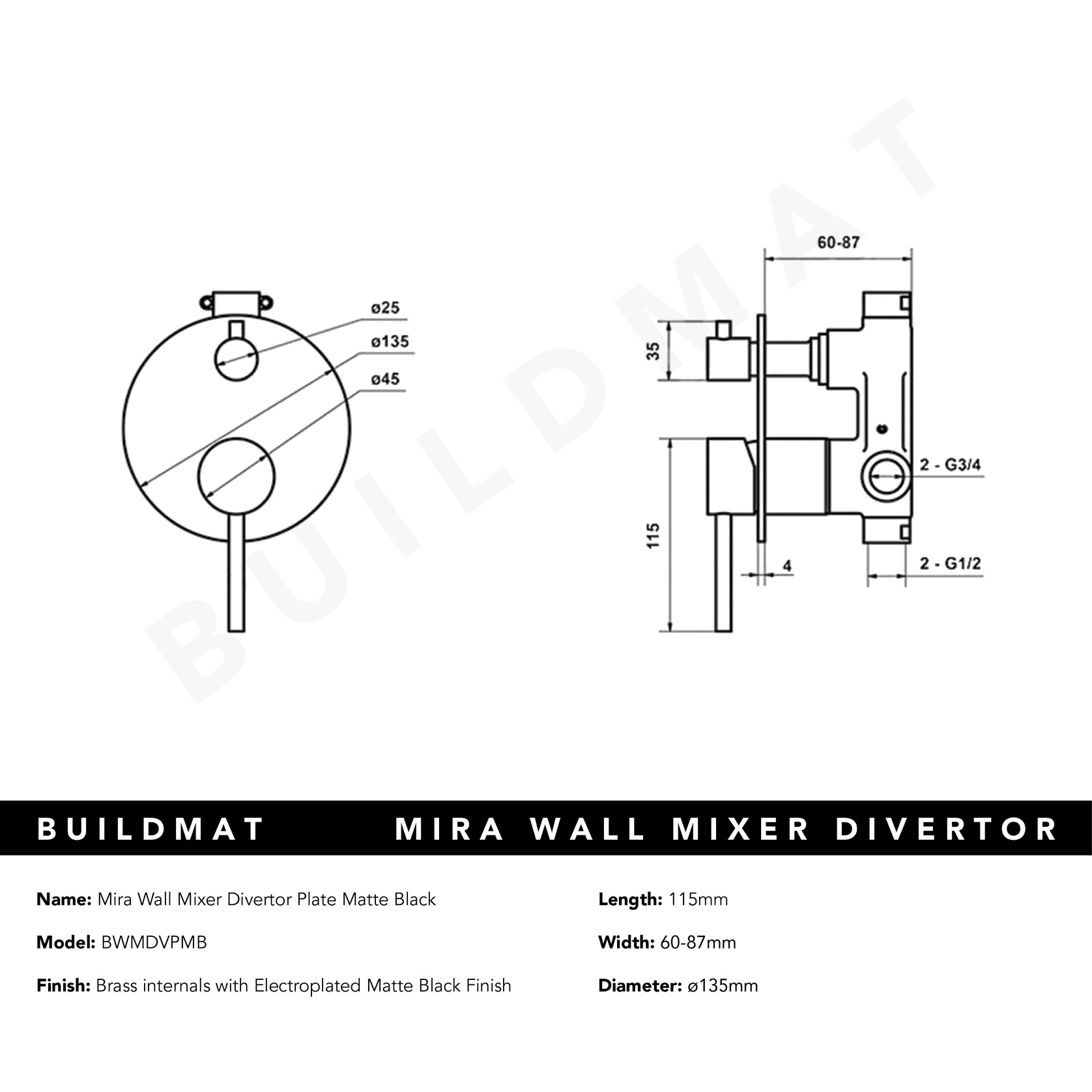 Mira Matte Black Wall Mixer Divertor Plate gallery detail image