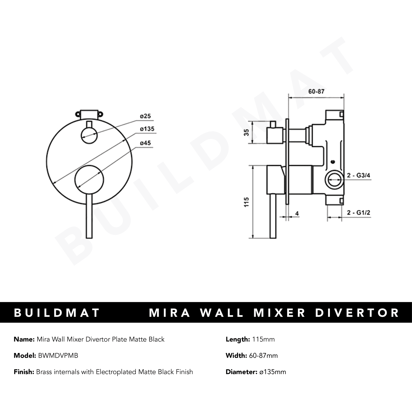 Mira Matte Black Wall Mixer Divertor Plate gallery detail image