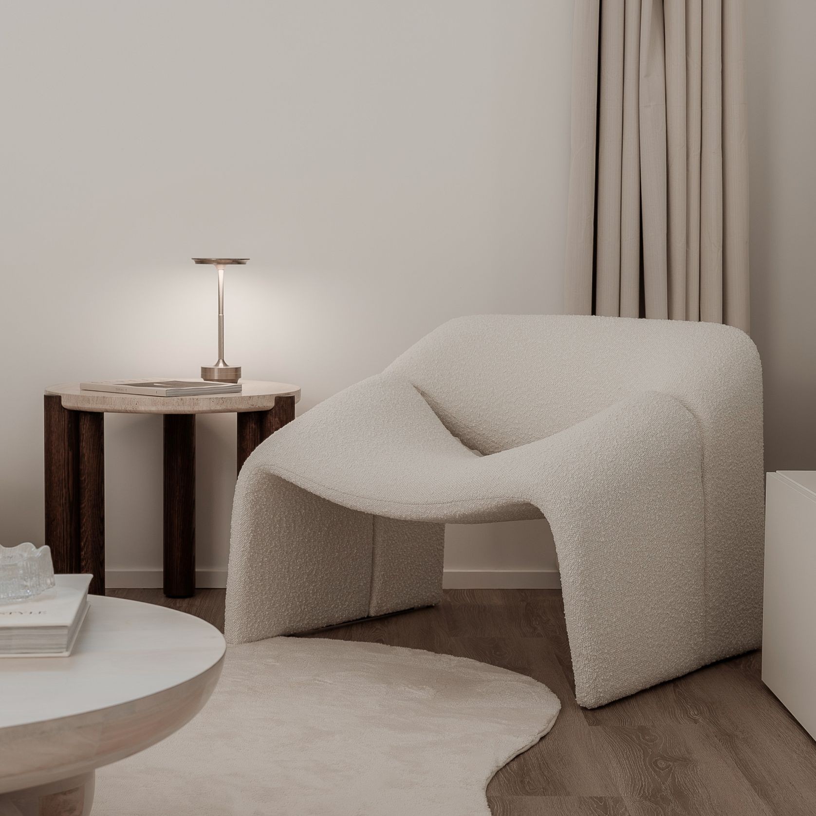 Amaya 55cm Travertine Round Side Table | Cream & Brown Oak gallery detail image