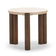 Amaya 55cm Travertine Round Side Table | Cream & Brown Oak gallery detail image