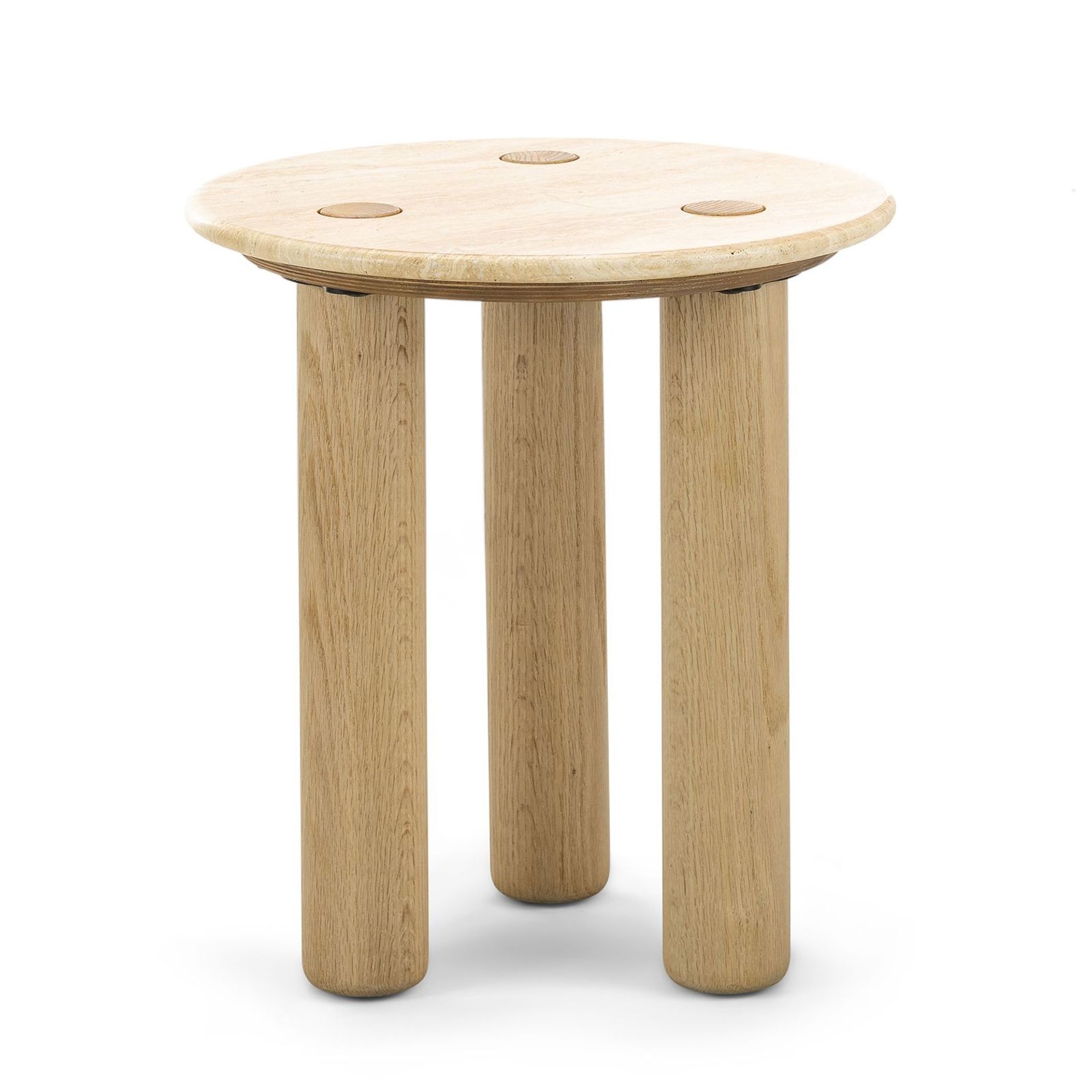 Ayra 45cm Round Travertine Side Table | Cream & Natural Oak gallery detail image