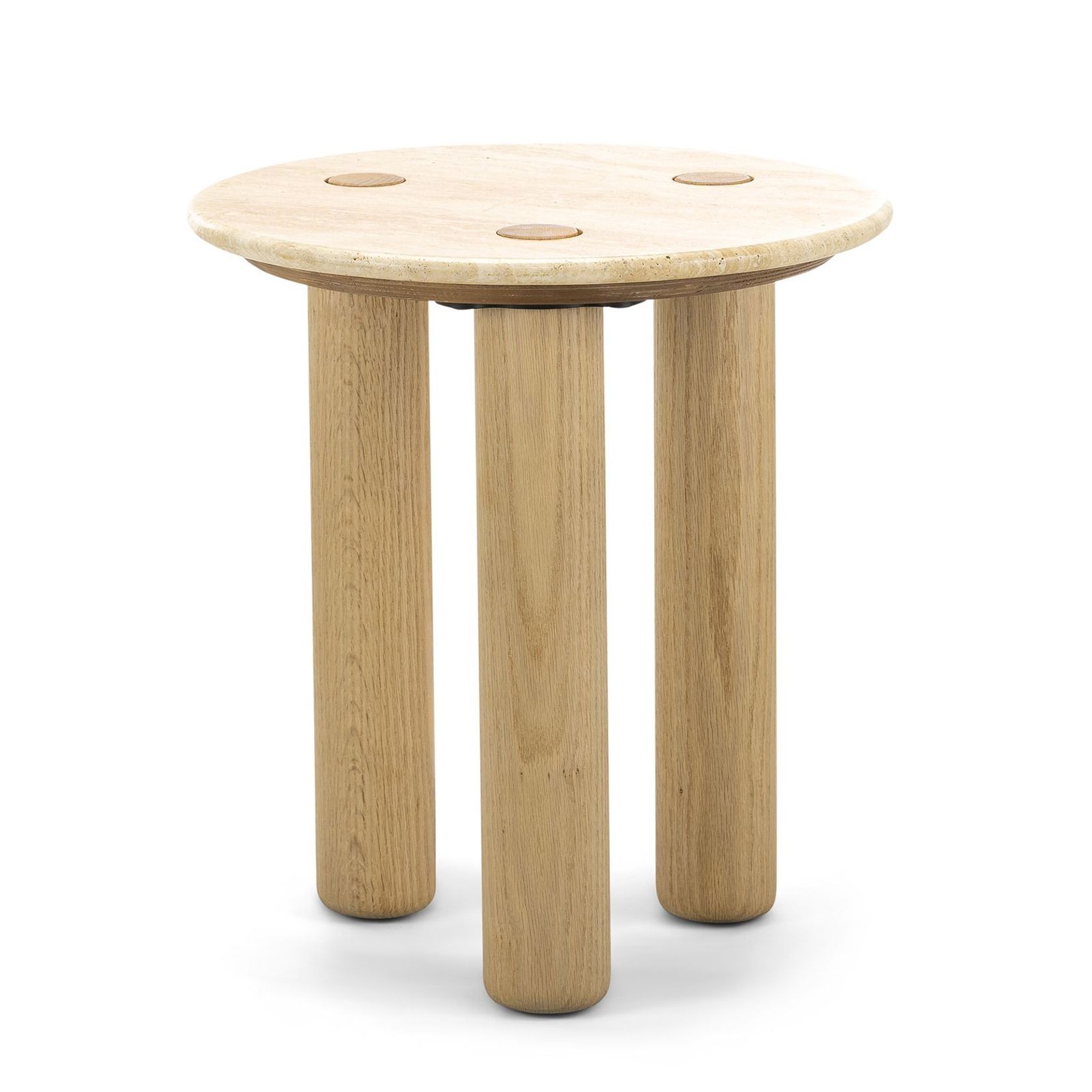 Ayra 45cm Round Travertine Side Table | Cream & Natural Oak gallery detail image