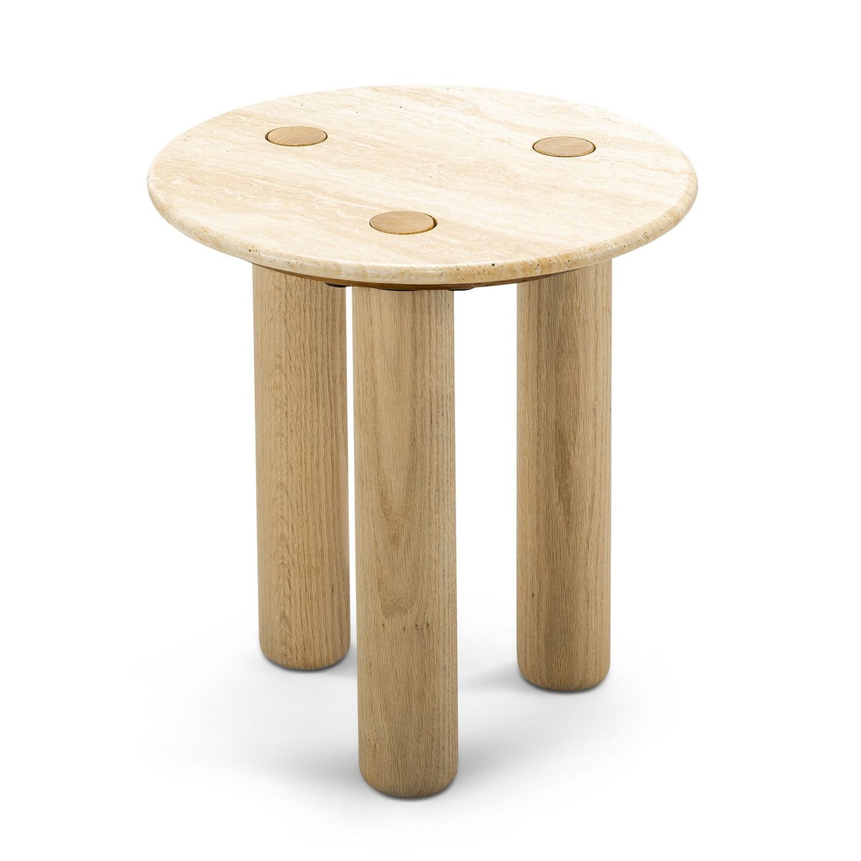 Ayra 45cm Round Travertine Side Table | Cream & Natural Oak gallery detail image