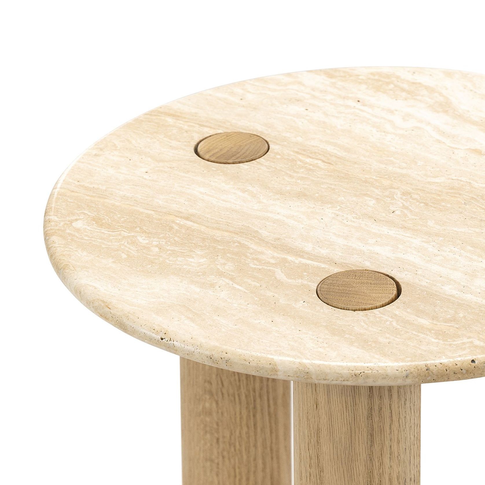 Ayra 45cm Round Travertine Side Table | Cream & Natural Oak gallery detail image