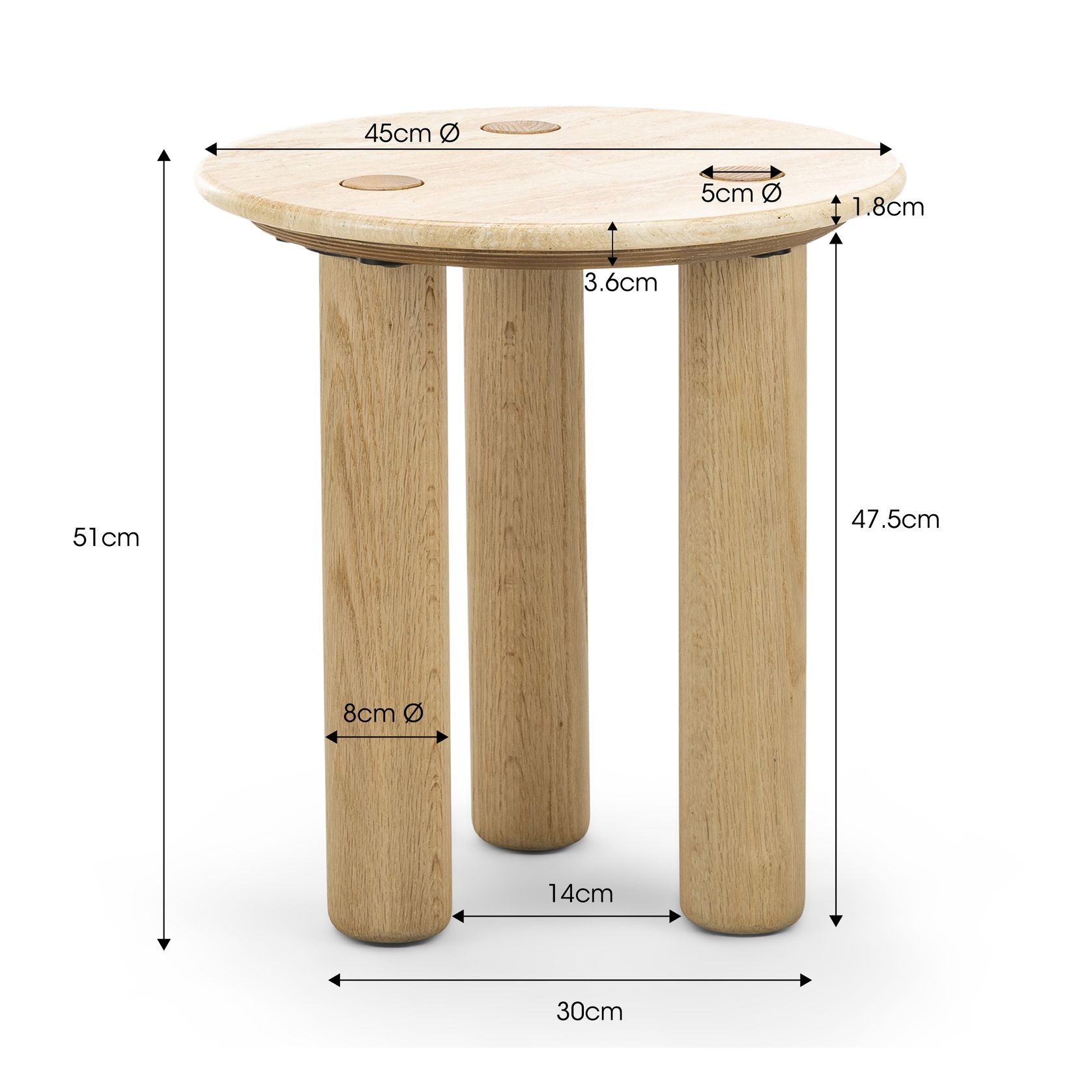 Ayra 45cm Round Travertine Side Table | Cream & Natural Oak gallery detail image