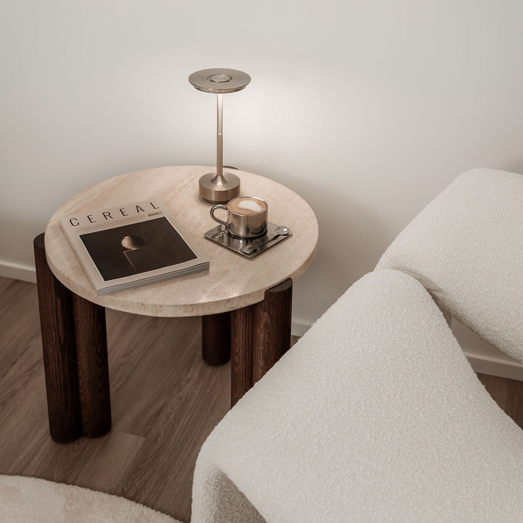 Amaya 55cm Travertine Round Side Table | Cream & Brown Oak gallery detail image