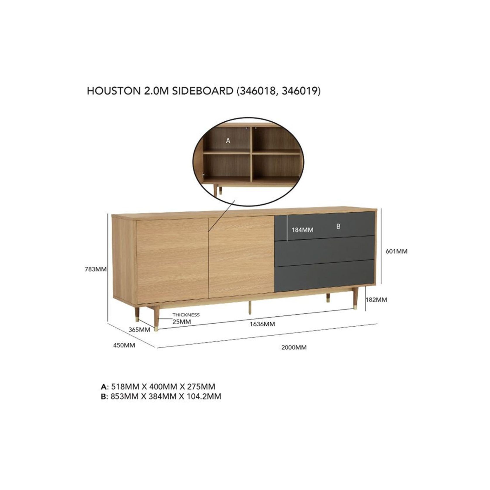 HOUSTON 200cm Sideboard Buffet - Oak & Grey gallery detail image