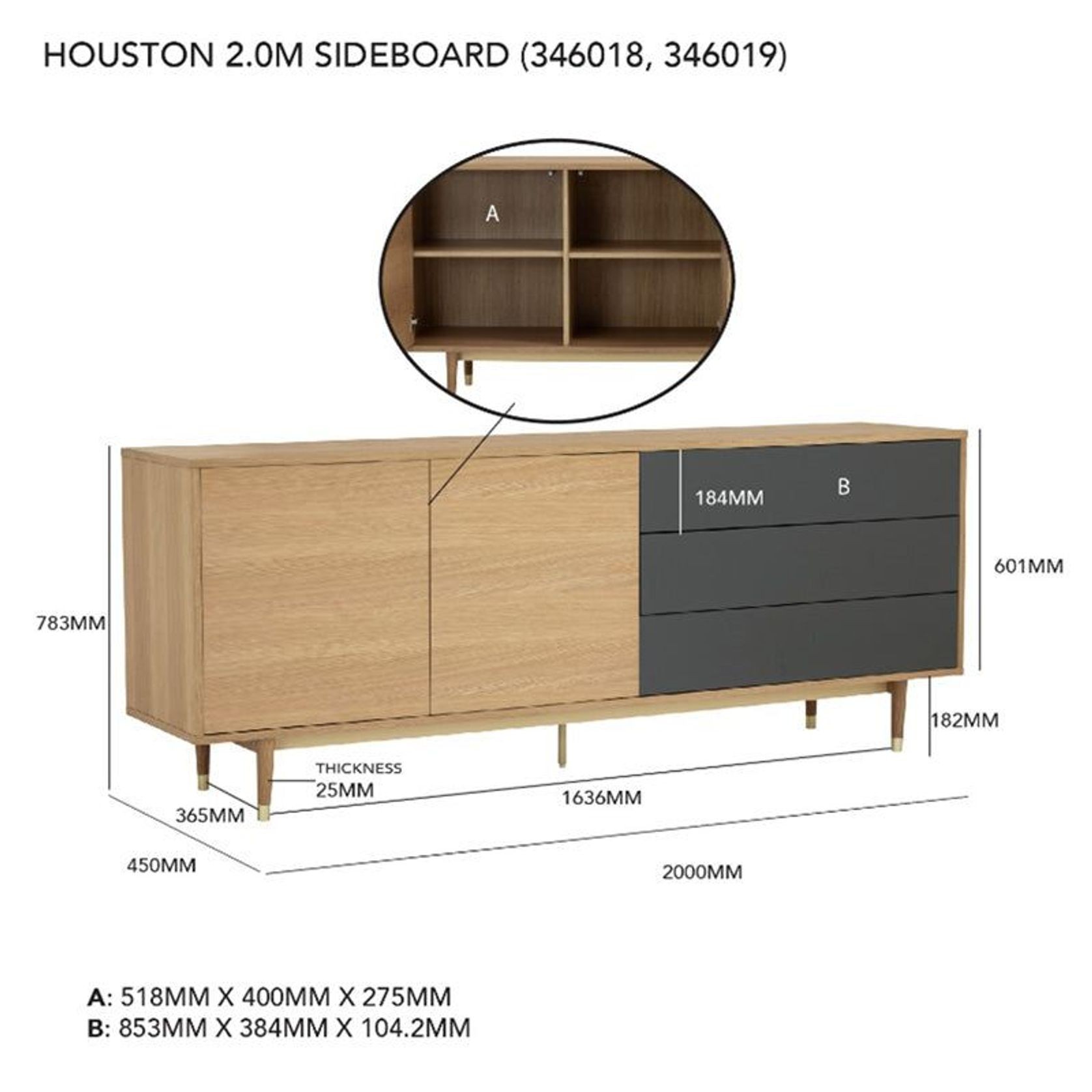 HOUSTON 200cm Sideboard Buffet - Oak & Grey gallery detail image