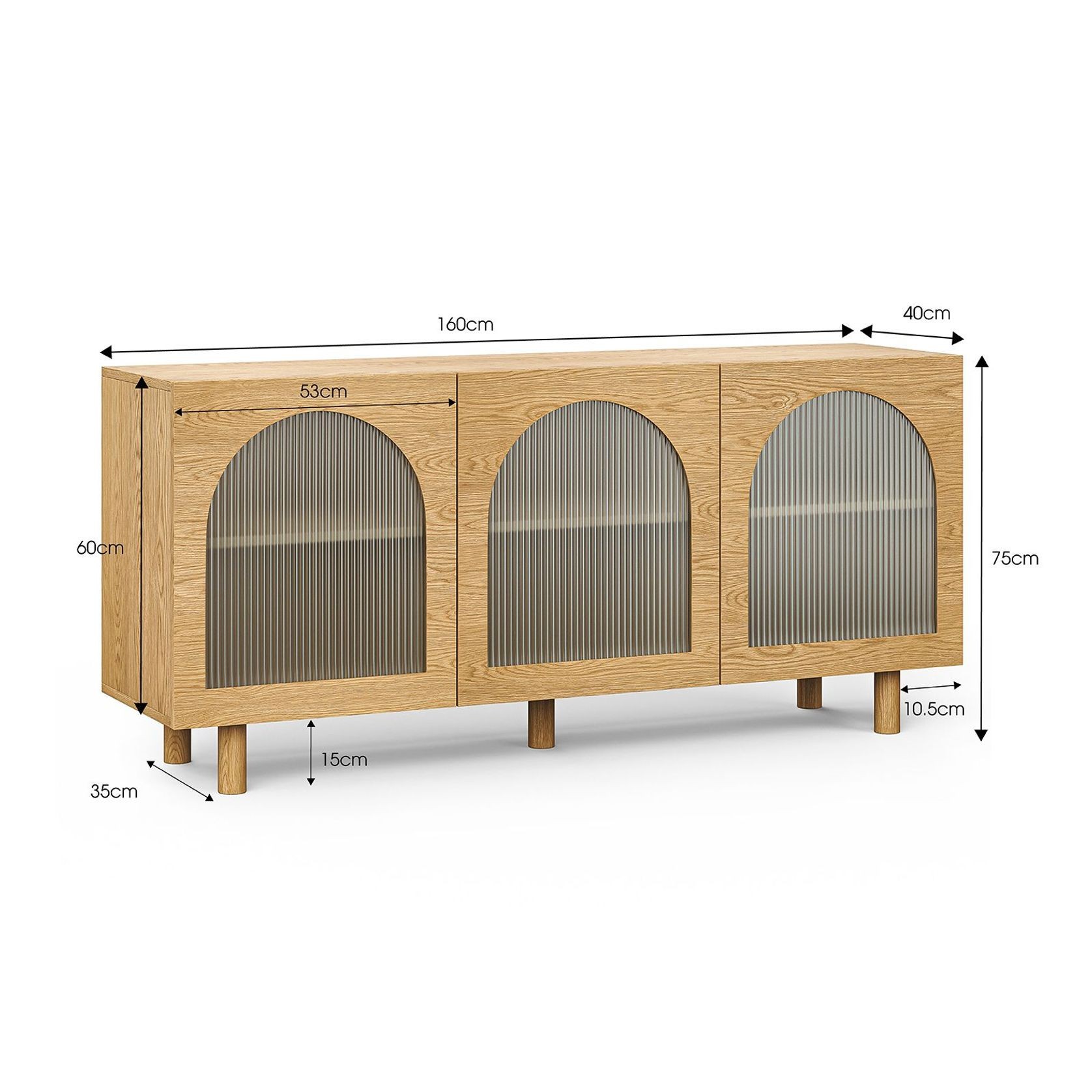 Cove 3 Door Fluted Glass Arch Sideboard Buffet | Natural Oak gallery detail image