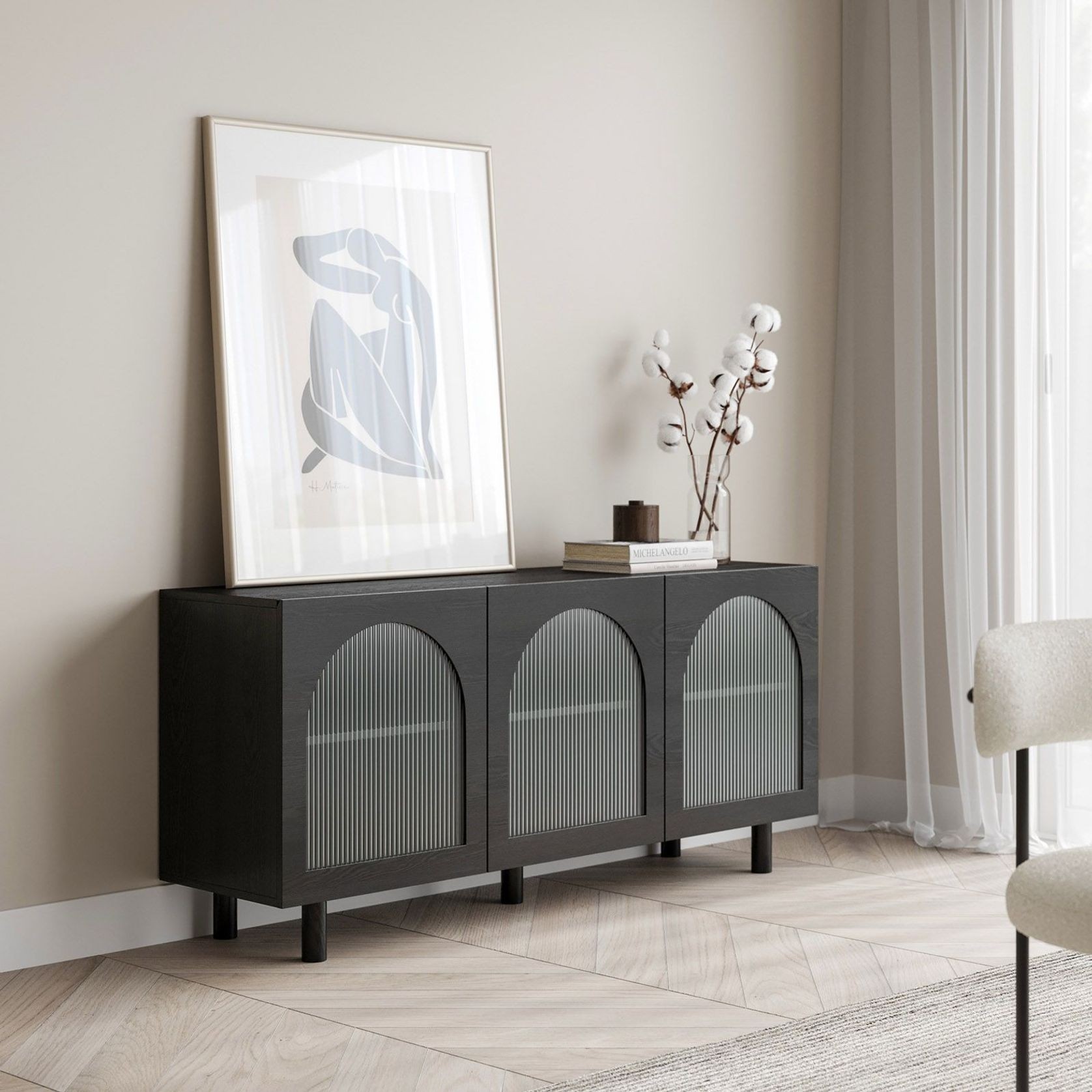 Cove 3 Door Fluted Glass Arch Sideboard Buffet | Black Oak gallery detail image