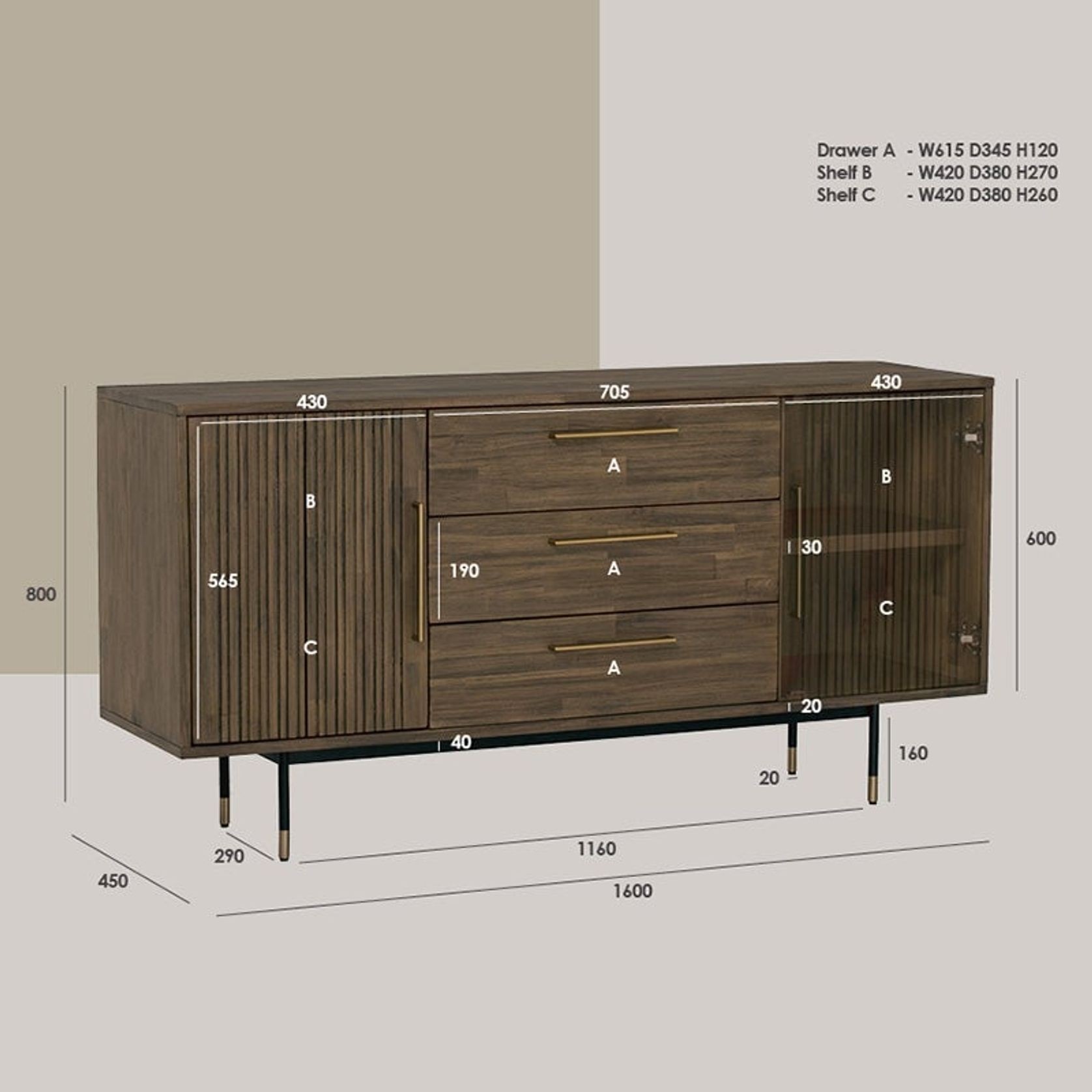HAMILTON Sideboard Buffet Solid Acacia Wood 160cm - Toffee Colour gallery detail image