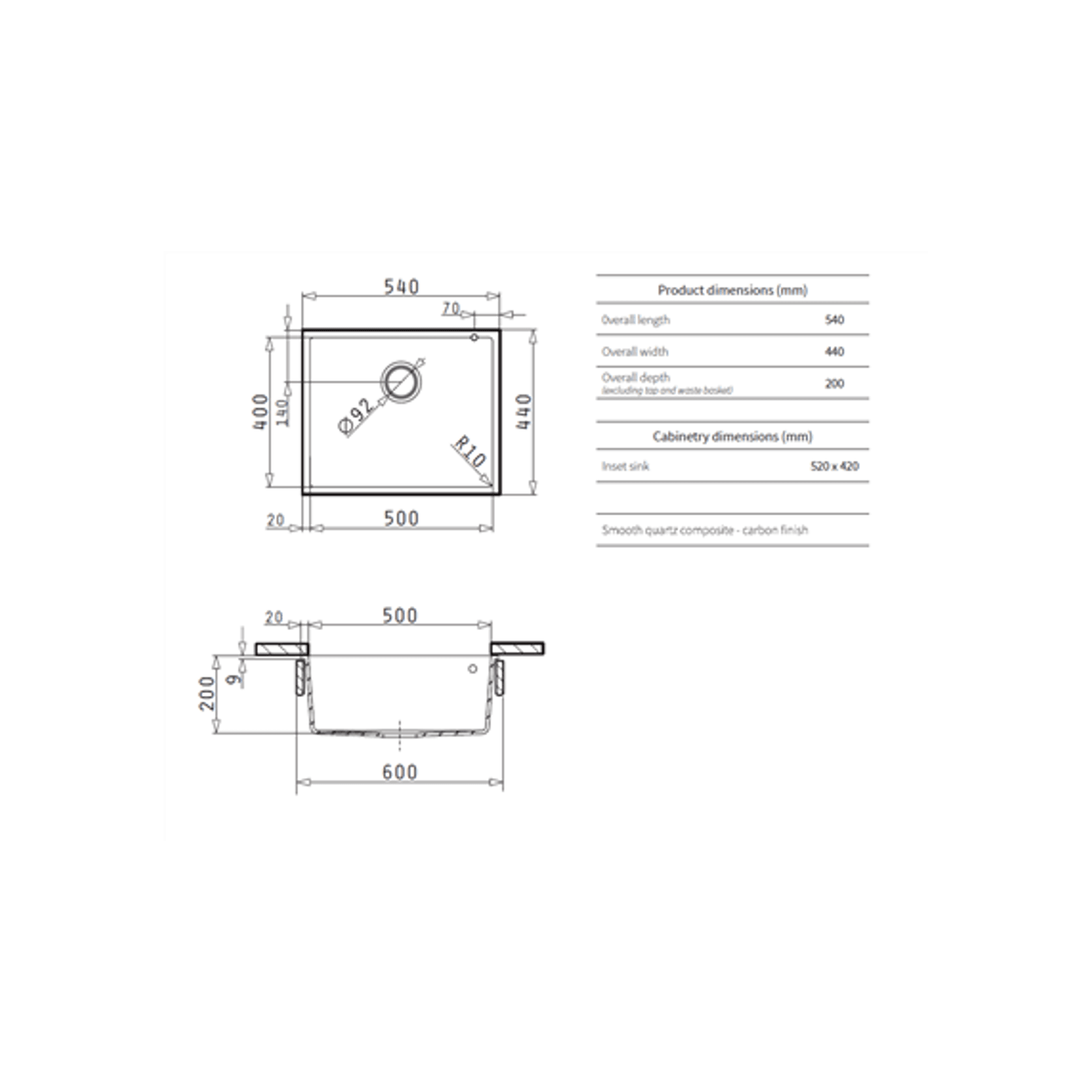 Platinum Quartz (Carbon Black) | 540 Single Bowl U/M gallery detail image