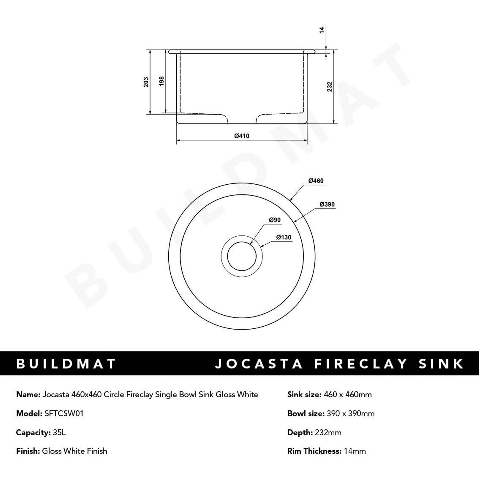Jocasta 460x460 Gloss White Circle Fireclay Single Bowl gallery detail image