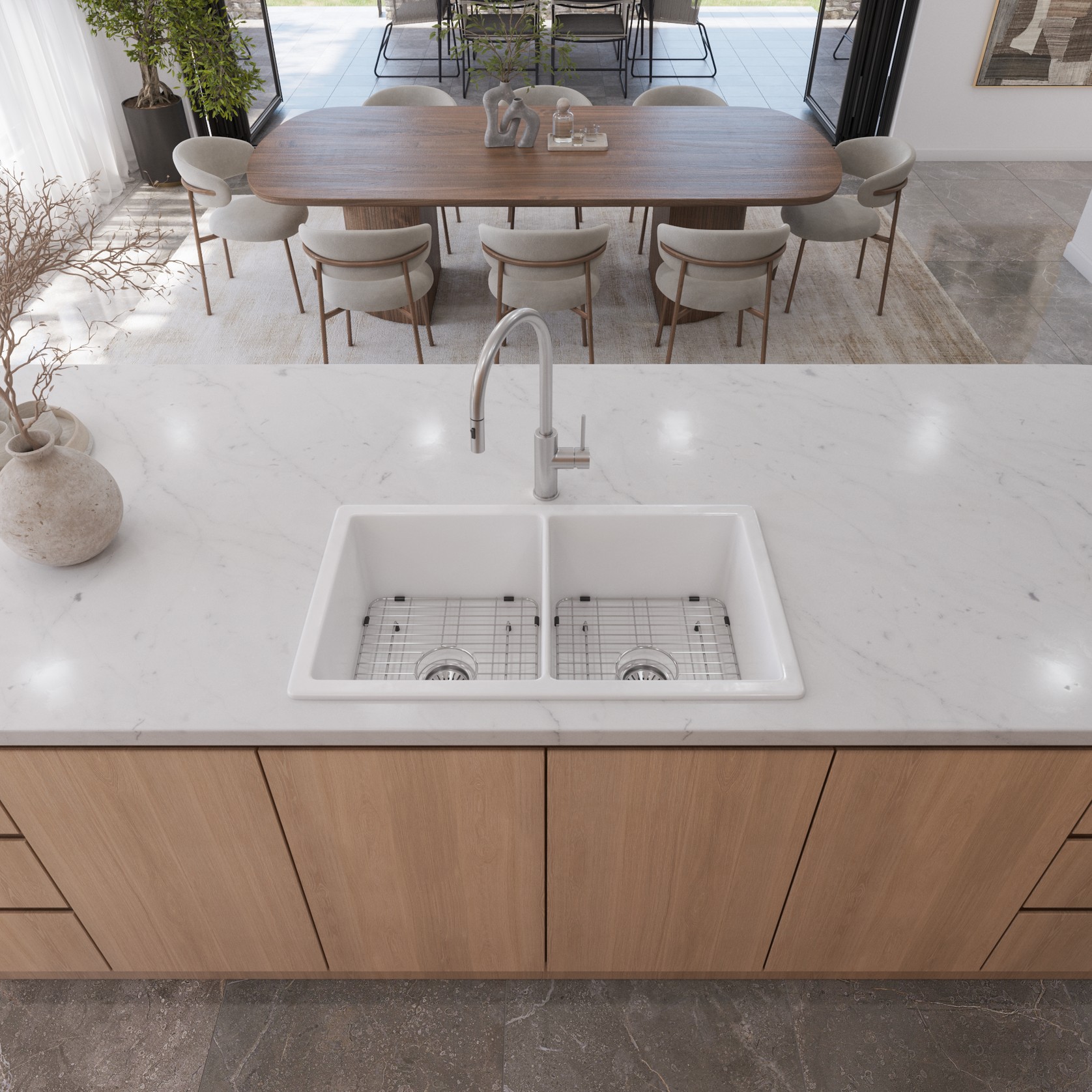 Fleur 813x483 Gloss White Fireclay Double Bowl Sink gallery detail image