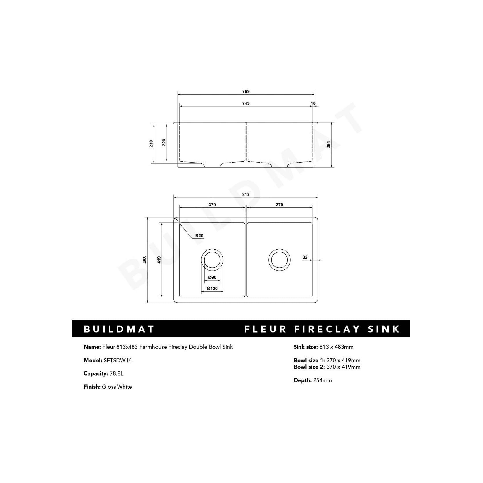 Fleur 813x483 Gloss White Fireclay Double Bowl Sink gallery detail image