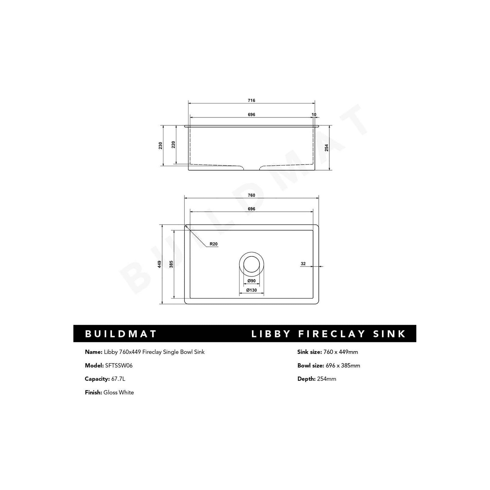 Libby 760x449 Gloss White Fireclay Single Bowl Sink gallery detail image