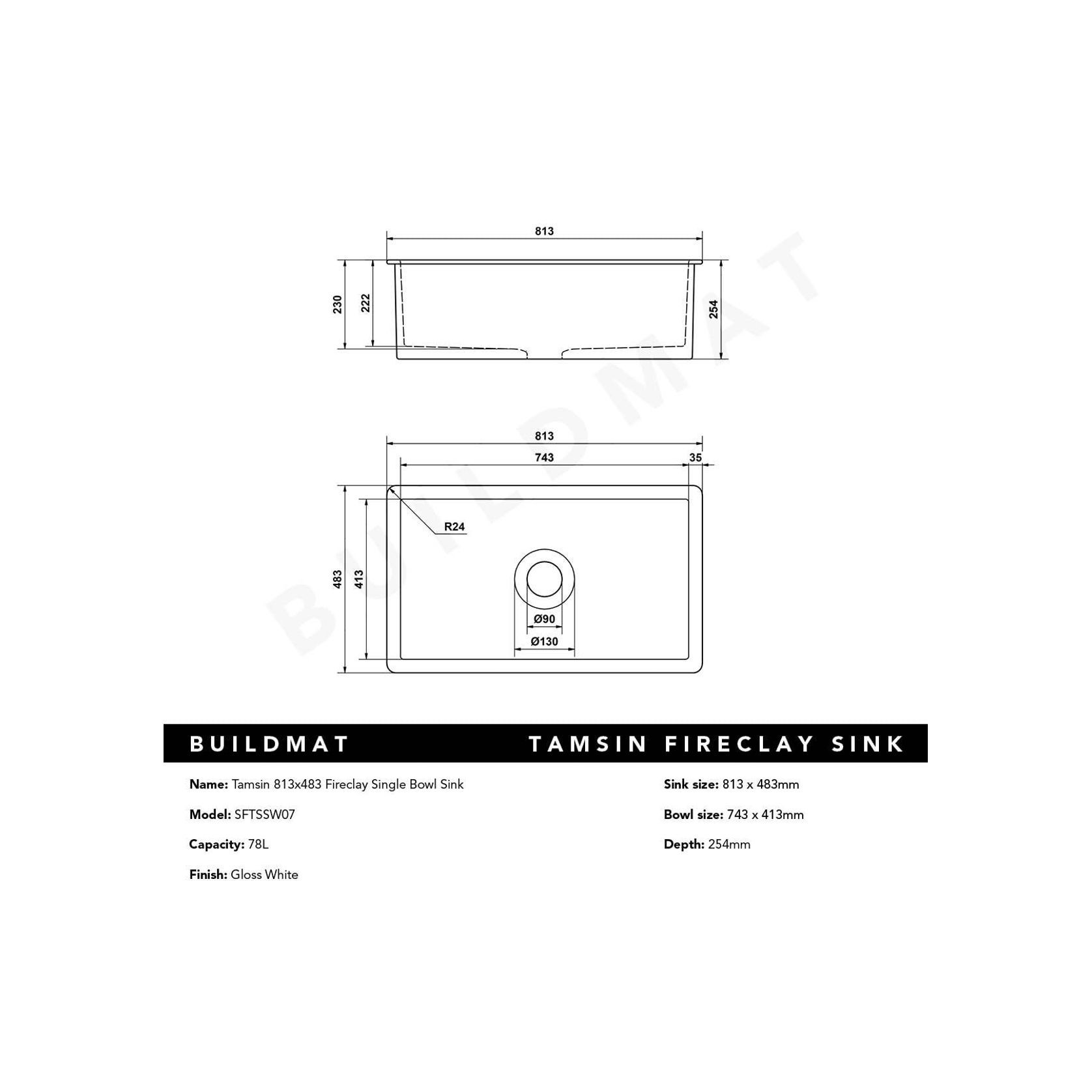 Tamsin 813x483 Gloss White Fireclay Single Bowl Sink gallery detail image